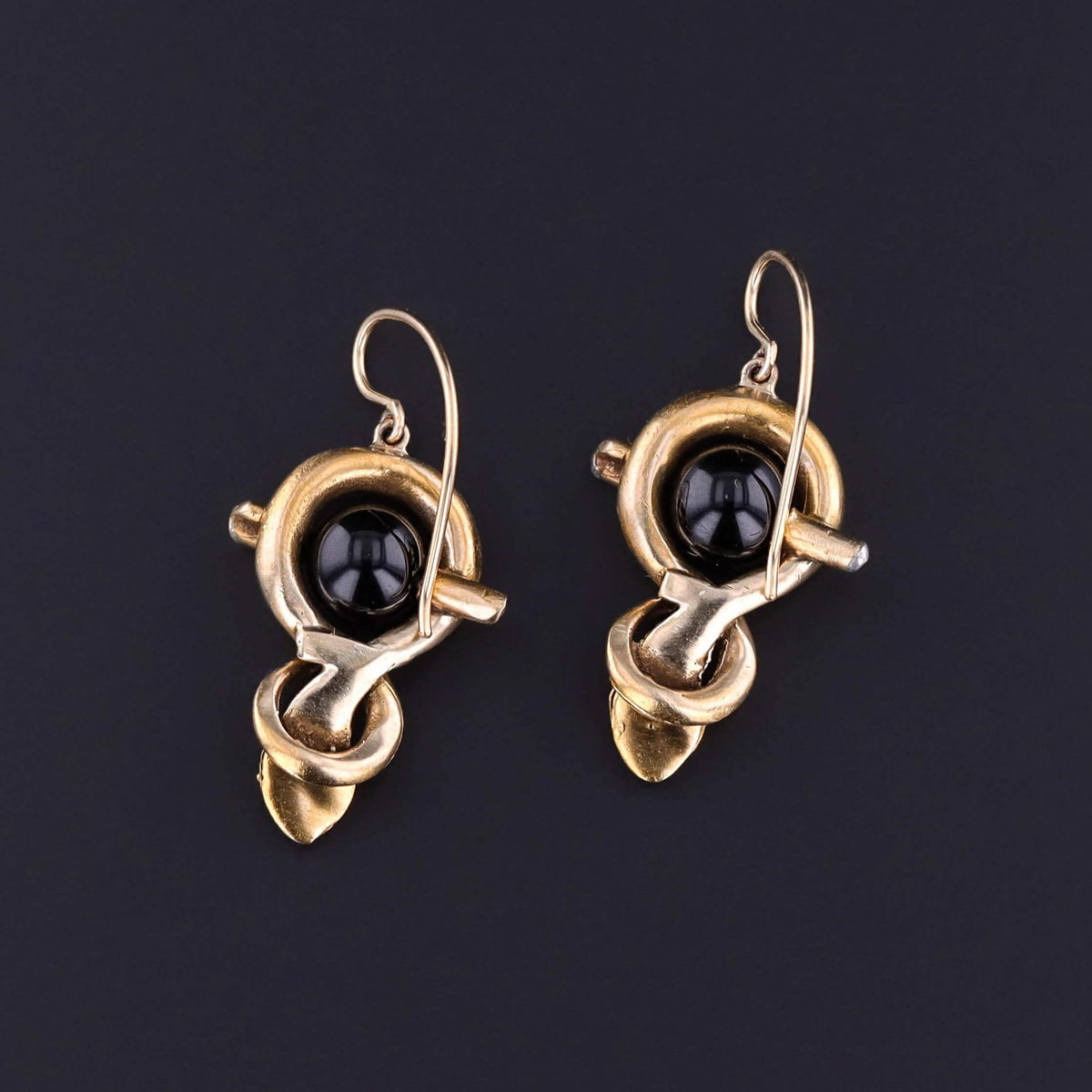 Vintage Snake Earrings of 14k Gold and Onyx