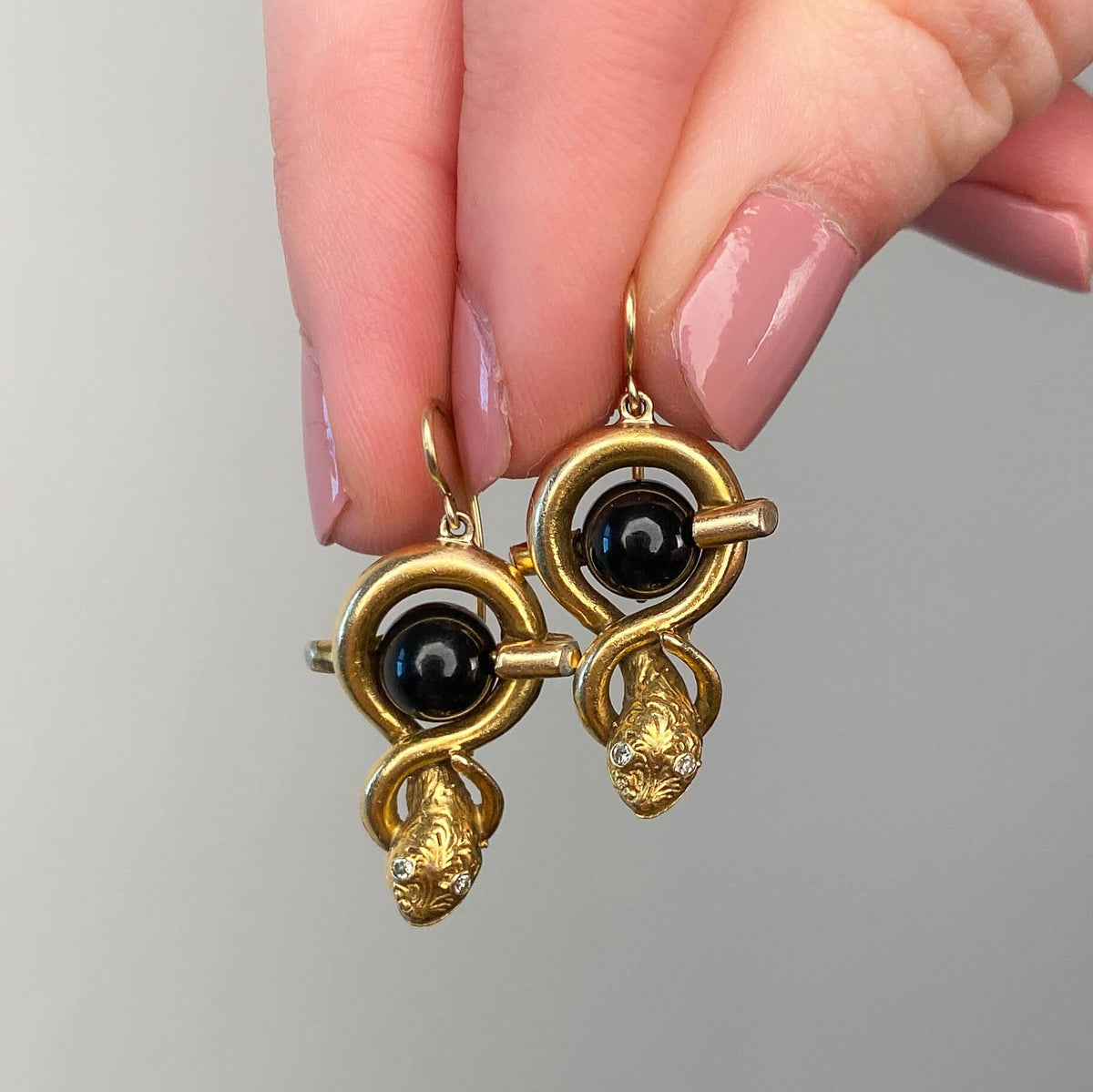 Vintage Snake Earrings of 14k Gold and Onyx