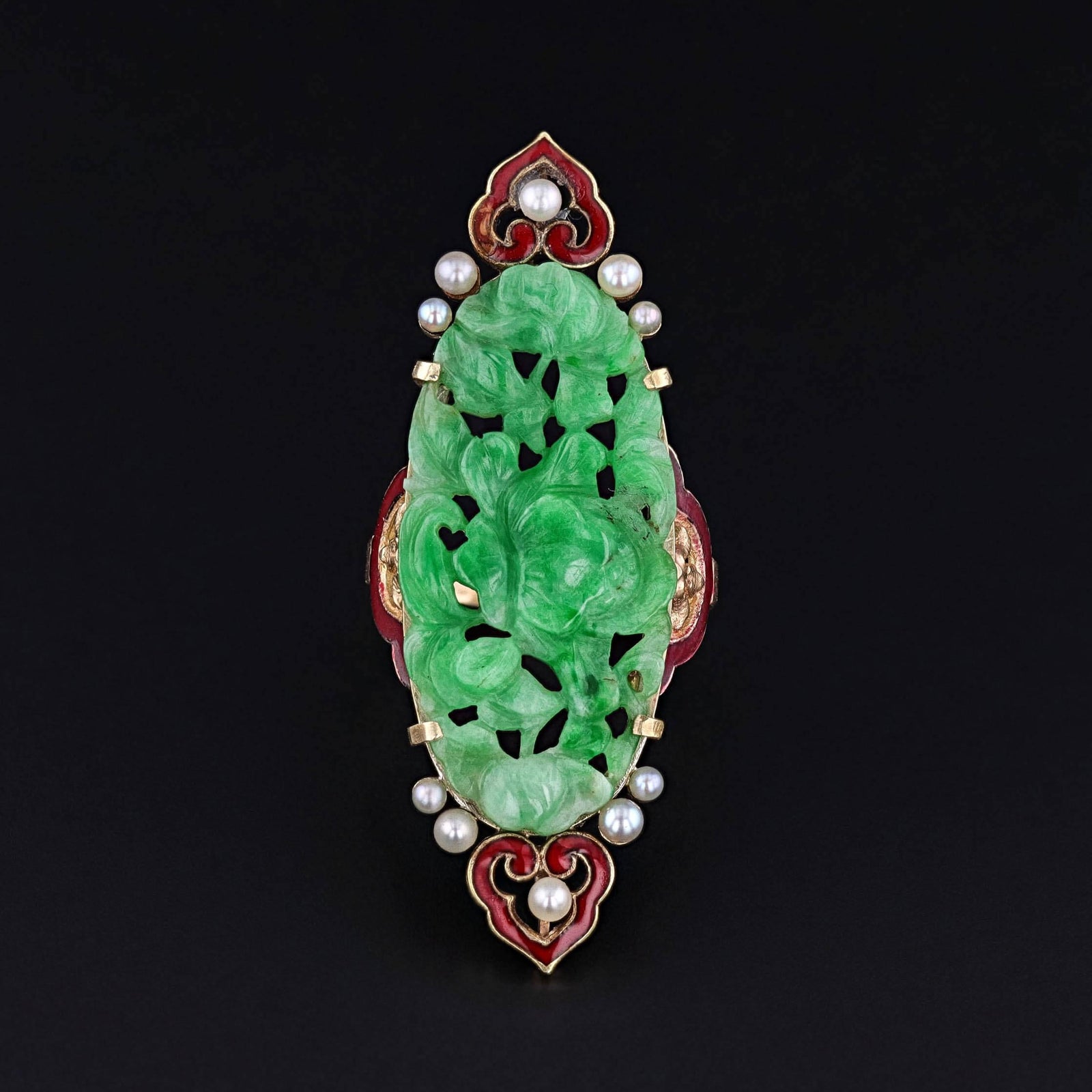 Antique Carved Jadeite and Enamel Ring of 14k Gold