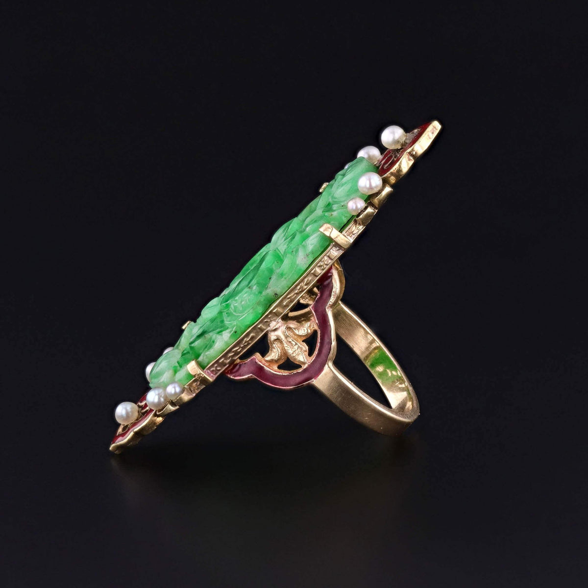 Antique Carved Jadeite and Enamel Ring of 14k Gold