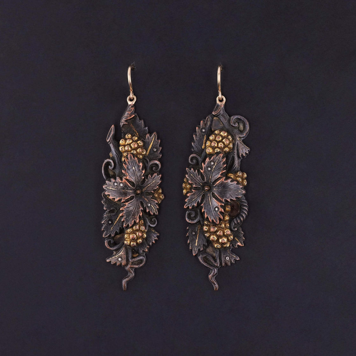 Antique Shakudo Floral Earrings with 14k Gold