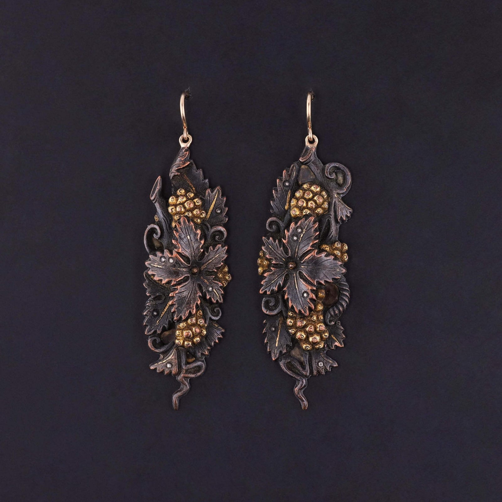 Antique Shakudo Floral Earrings with 14k Gold