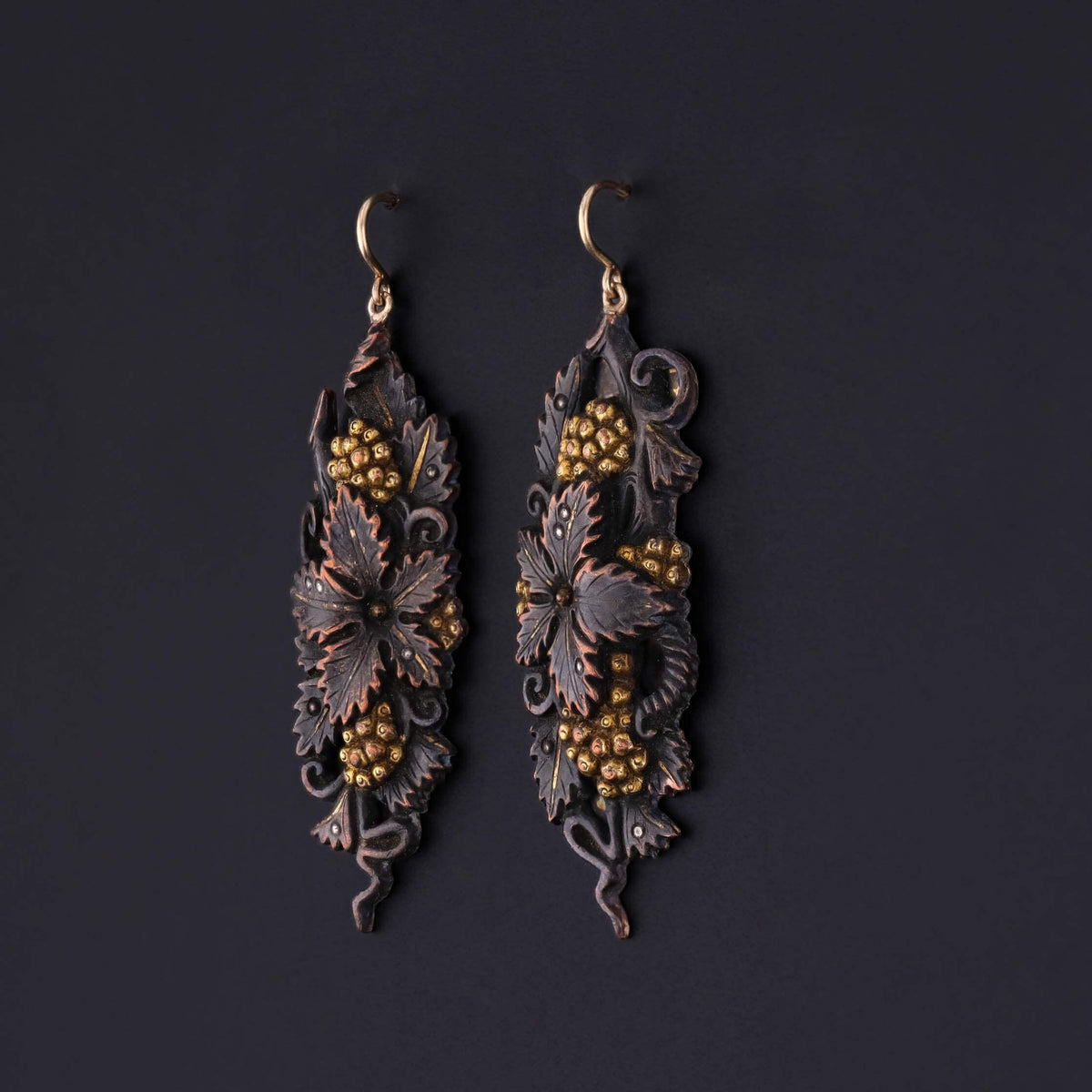 Antique Shakudo Floral Earrings with 14k Gold