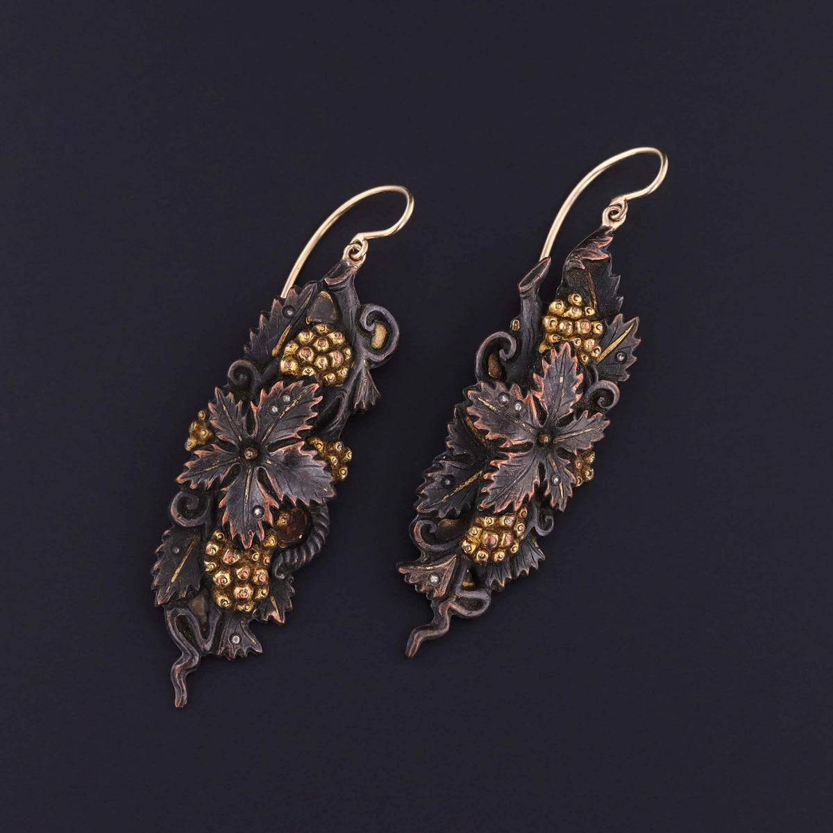 Antique Shakudo Floral Earrings with 14k Gold