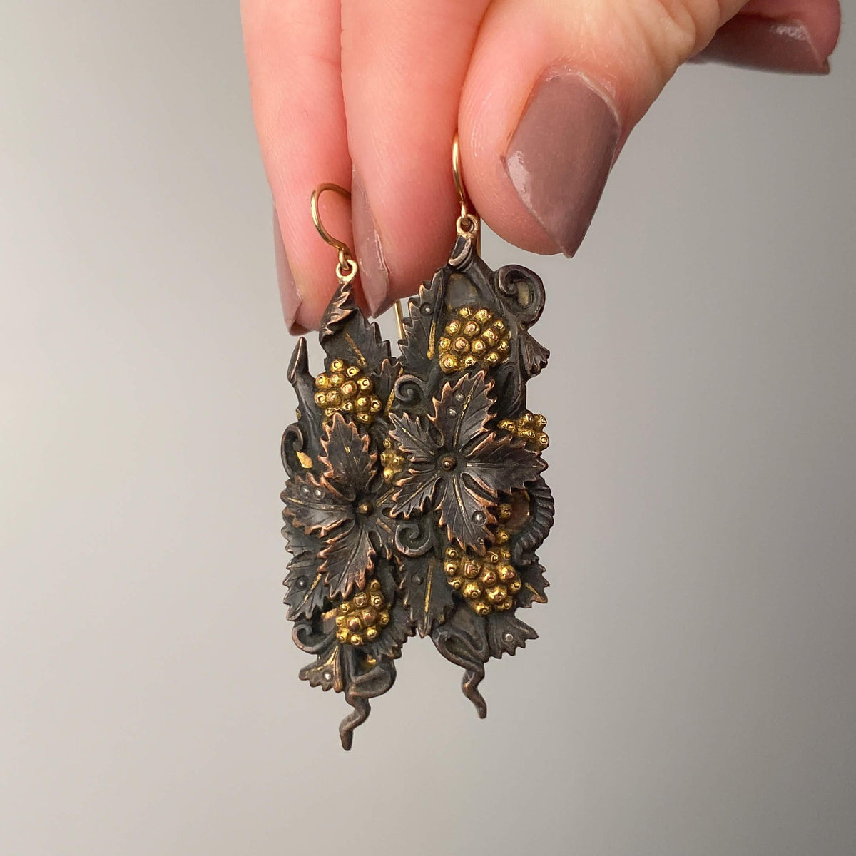 Antique Shakudo Floral Earrings with 14k Gold