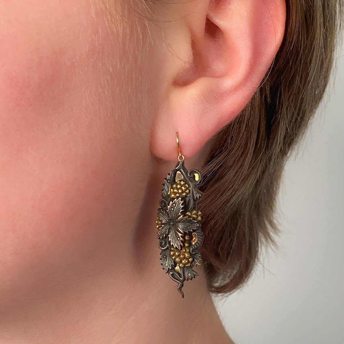 Antique Shakudo Floral Earrings with 14k Gold