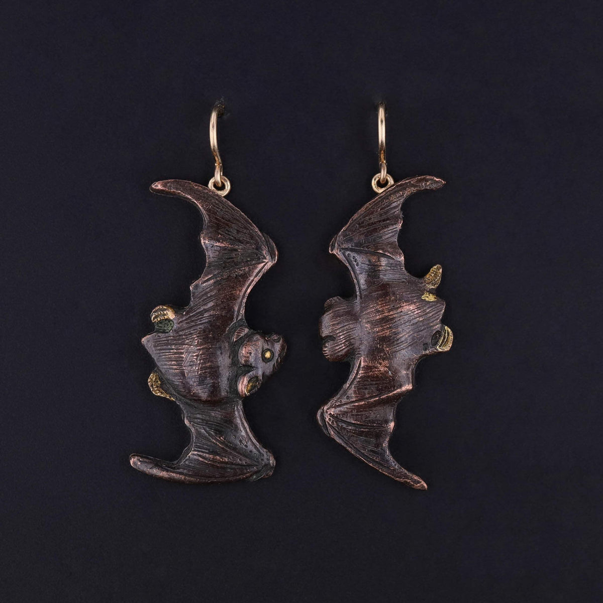 Antique Shakudo Bat Earrings of 14k Gold