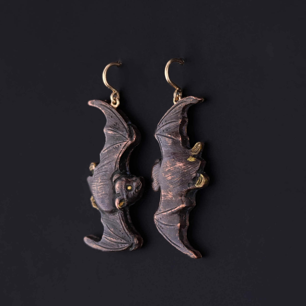 Antique Shakudo Bat Earrings of 14k Gold