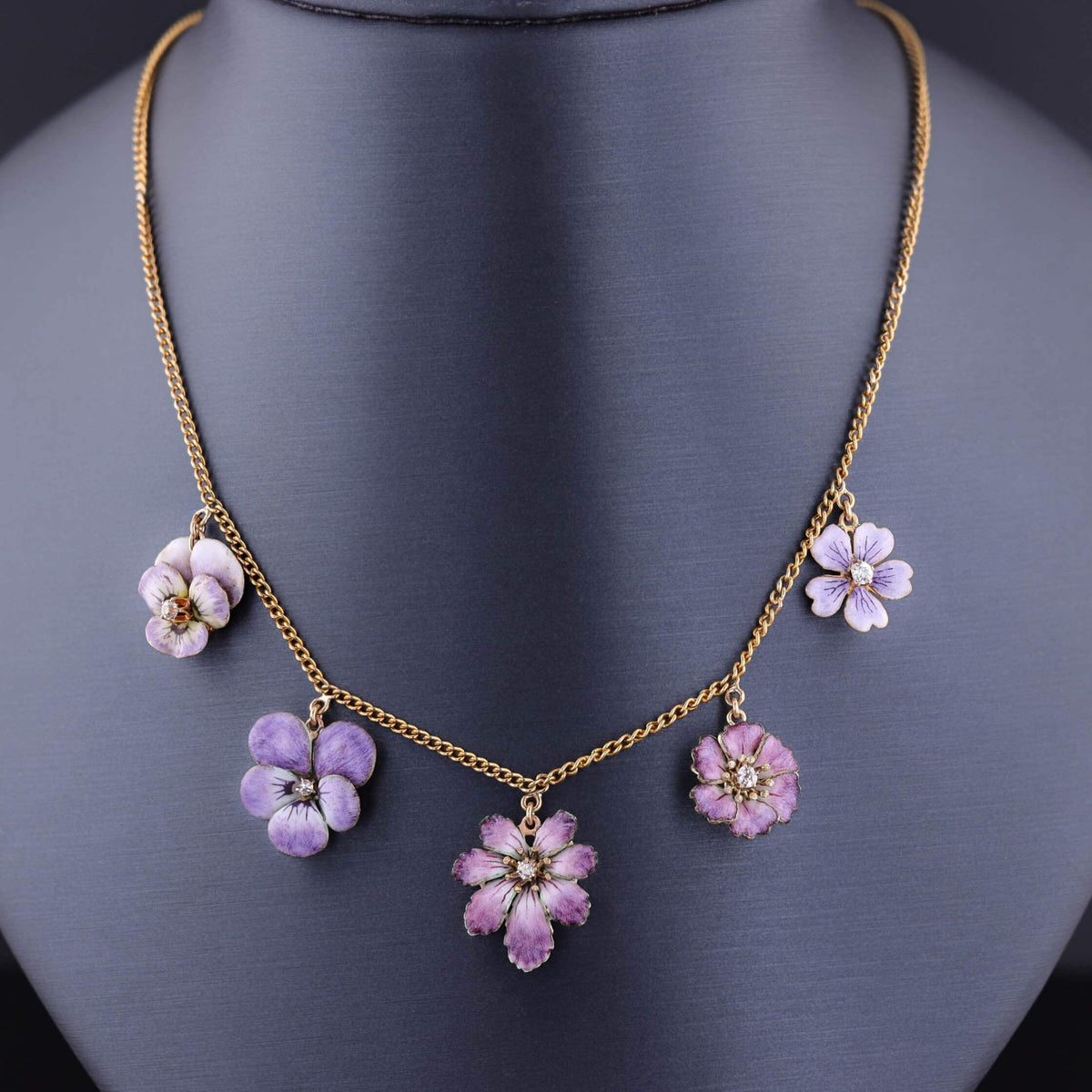 Antique Enamel Flower Necklace of 10k &amp; 14k Gold