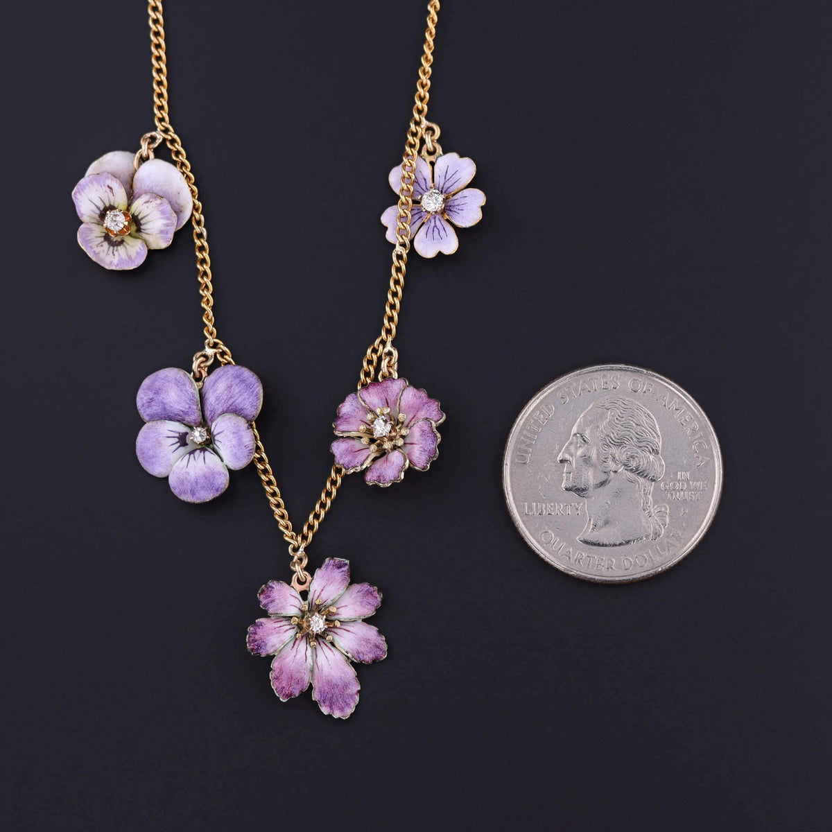 Antique Enamel Flower Necklace of 10k &amp; 14k Gold