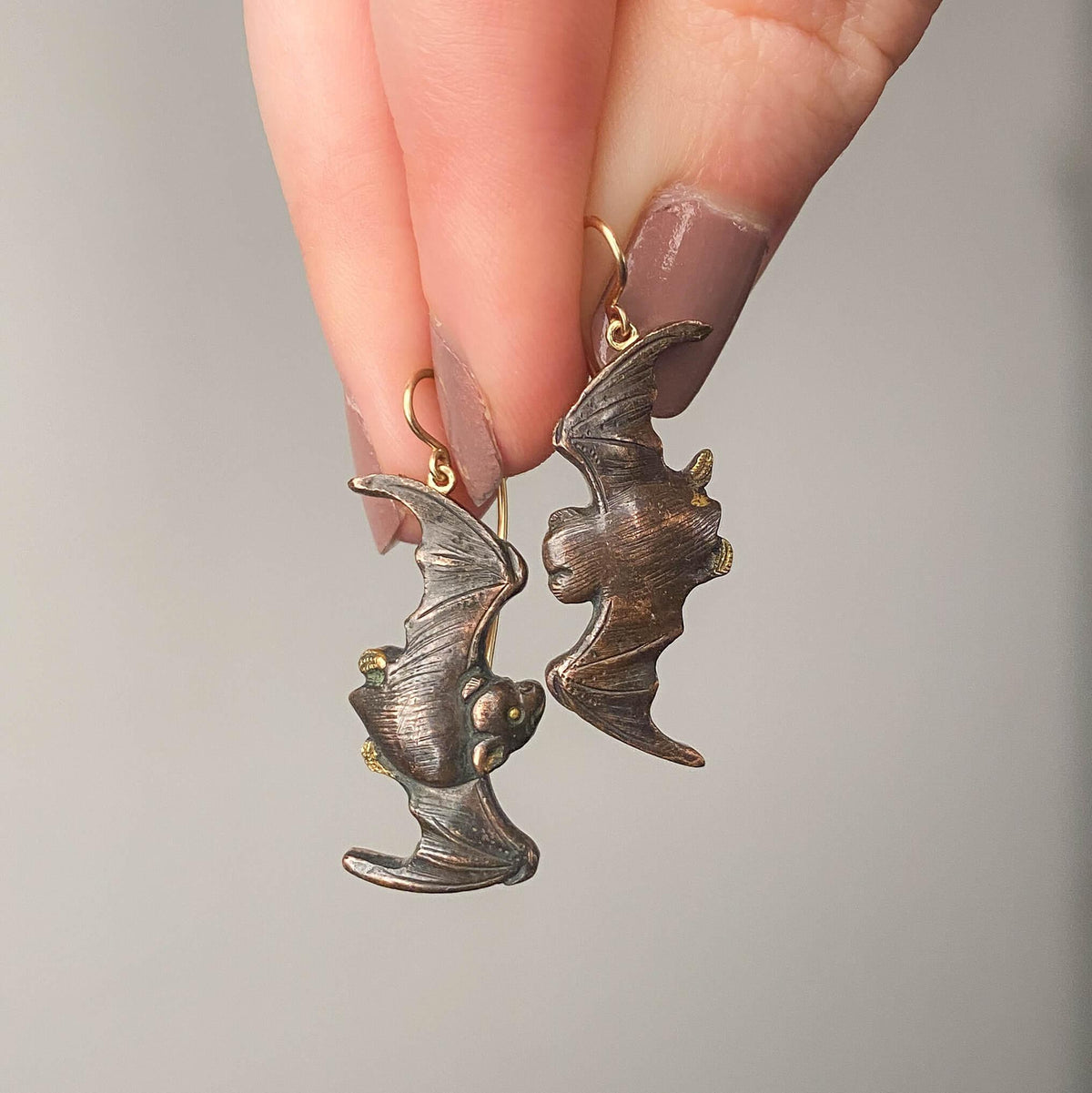 Antique Shakudo Bat Earrings of 14k Gold