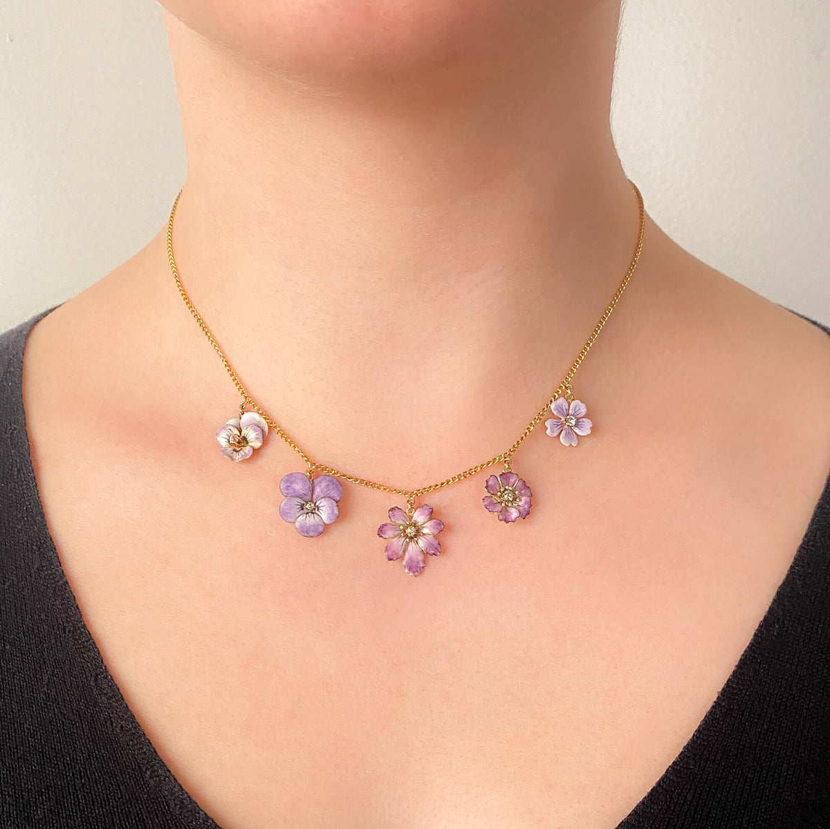 Antique Enamel Flower Necklace of 10k &amp; 14k Gold