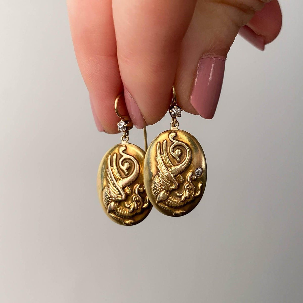 Antique Griffin Earrings of 10k and 14k Gold