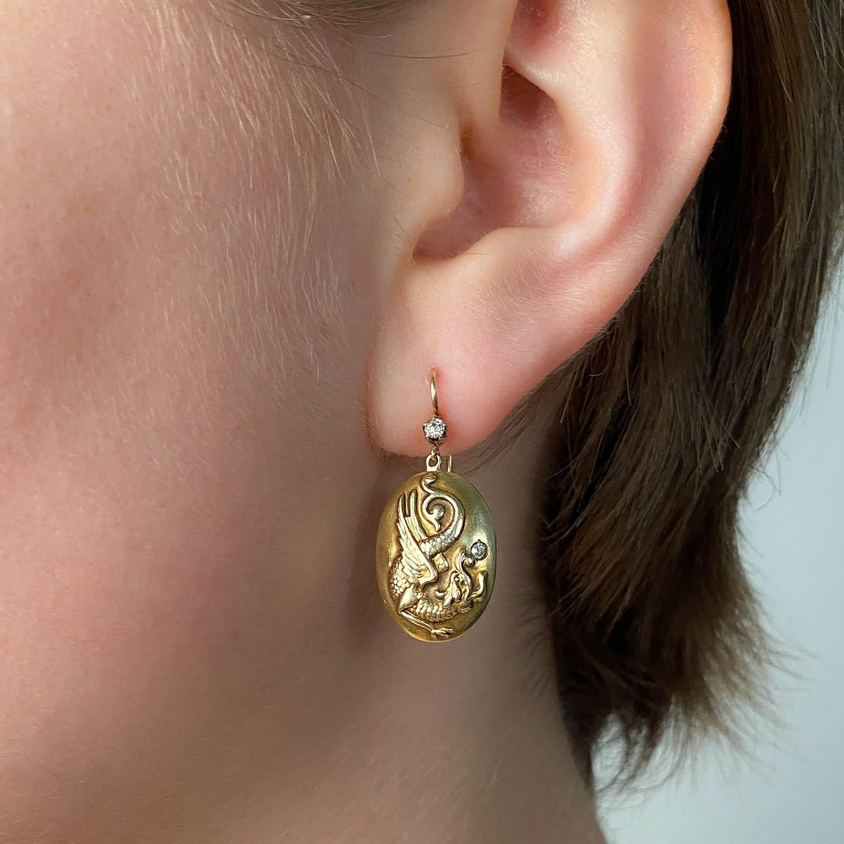 Antique Griffin Earrings of 10k and 14k Gold