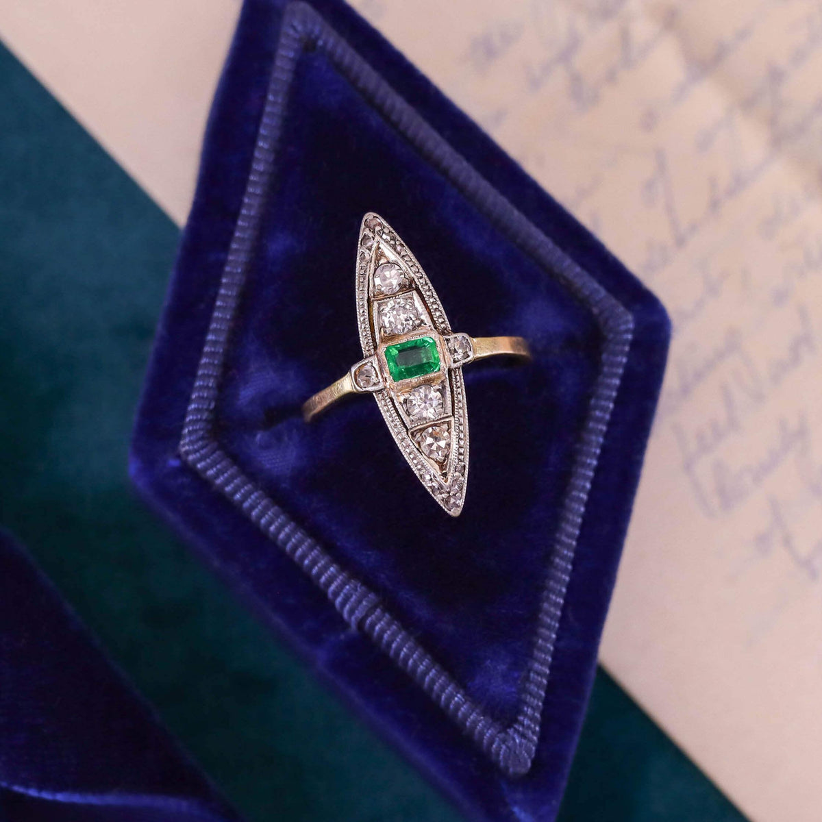 Edwardian Revival Emerald and Diamond Navette Ring of 18k Gold