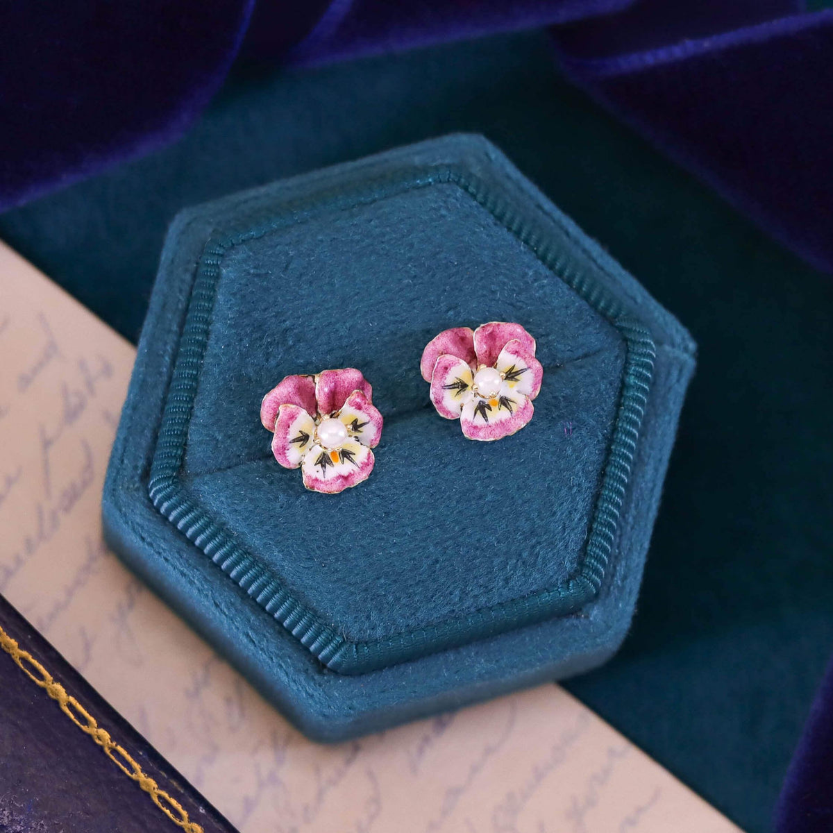 Vintage Pink Enamel Pansy Stud Earrings of 14k Gold