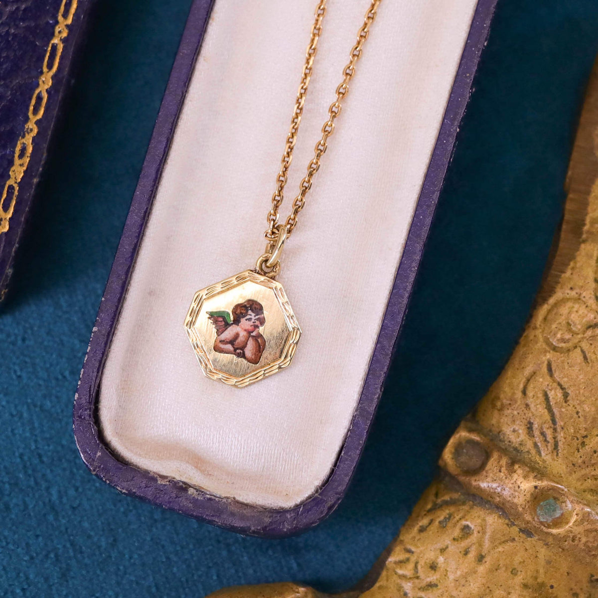 Antique Enamel Cherub Choker Necklace of 14k Gold