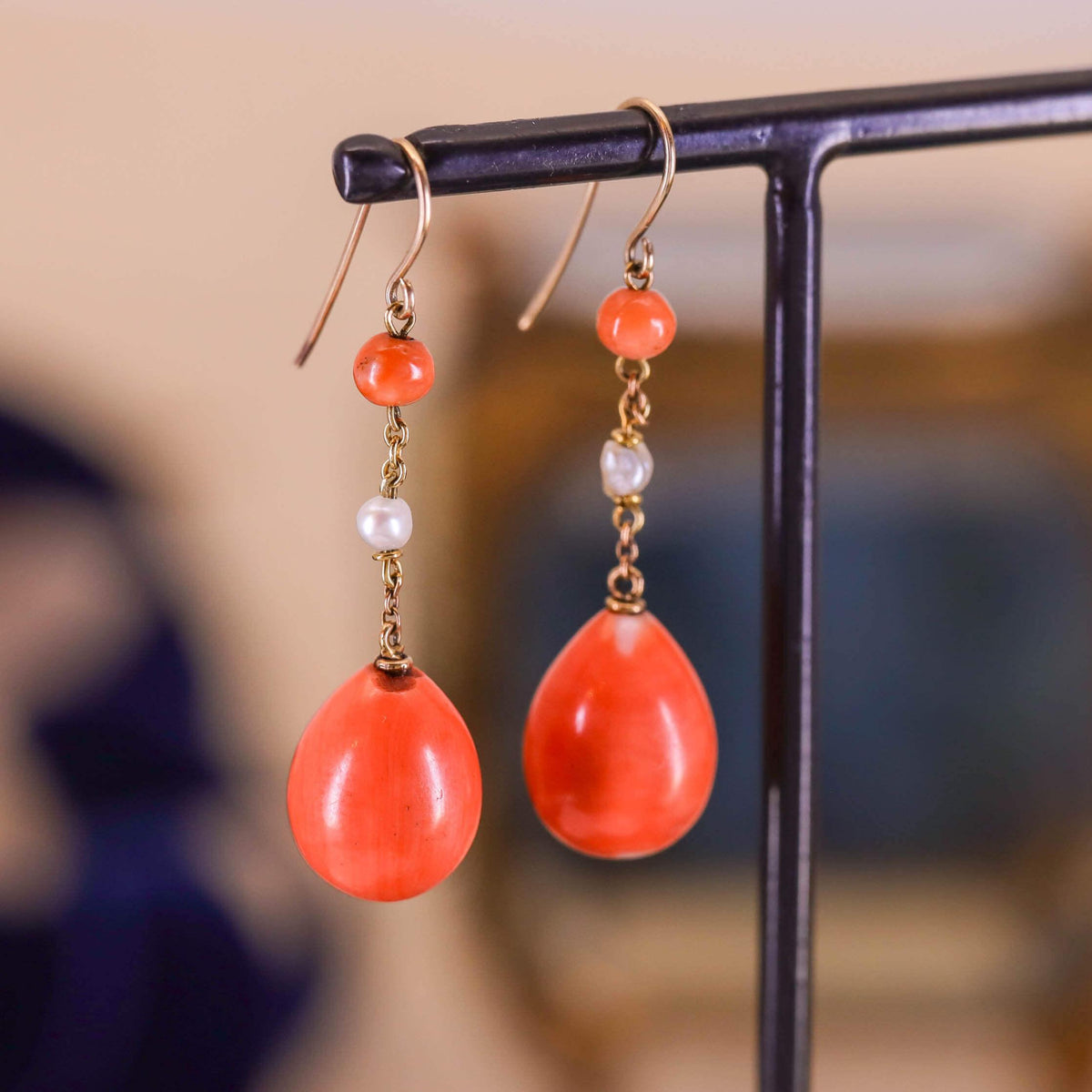 Antique Coral Earrings of 10k and 12k gold