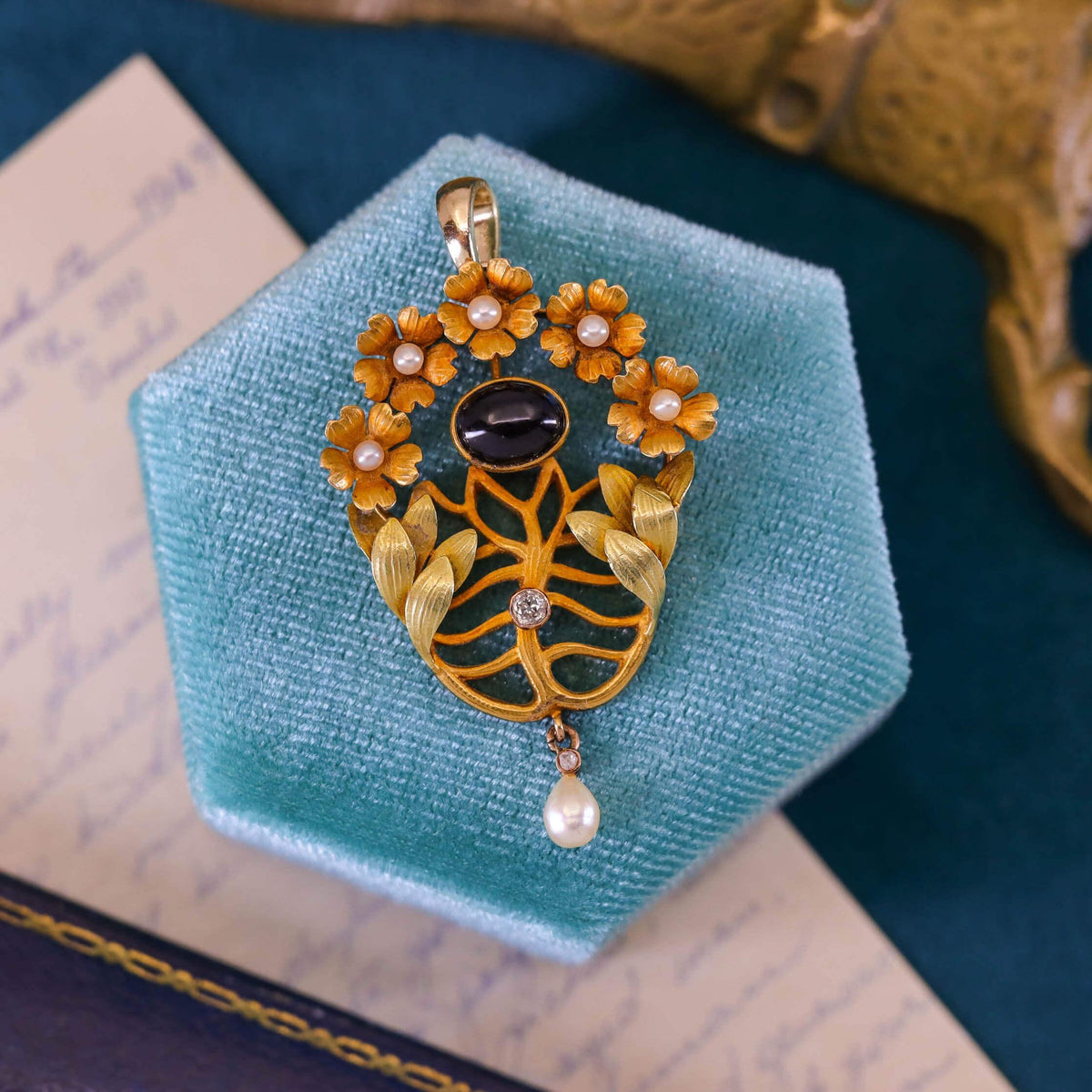 Art Nouveau Floral Pendant of Tri Color 14k Gold