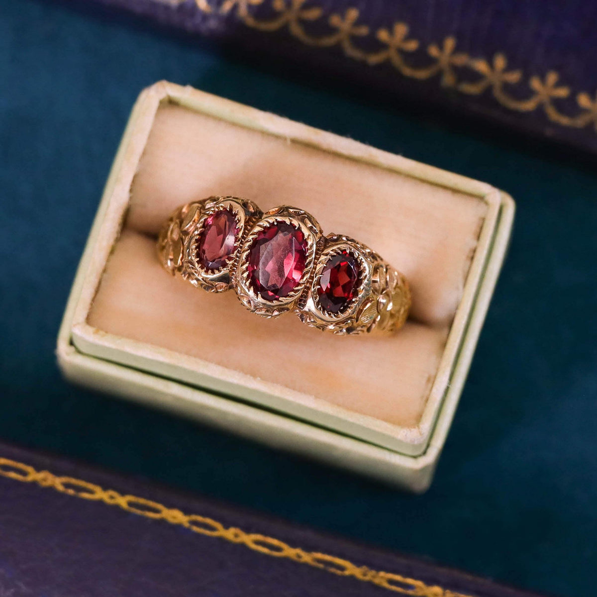 Victorian Garnet Floral Ring of 10k Gold
