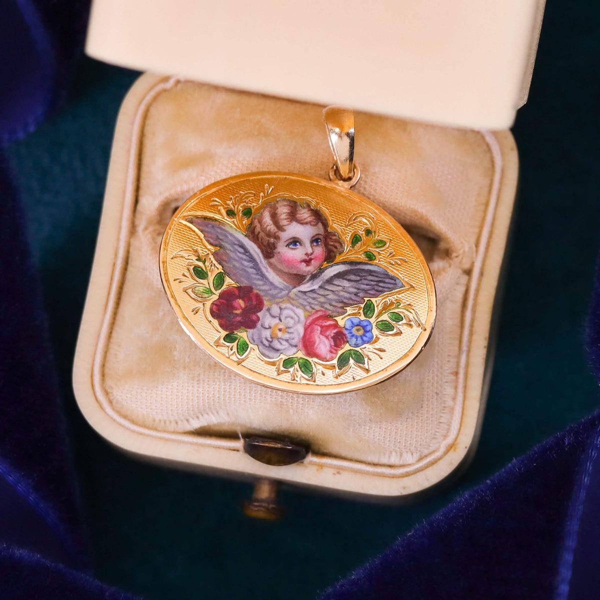 Victorian Enamel Cherub Pendant of 14k of 18k Gold