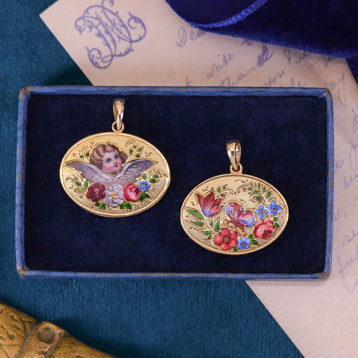 Victorian Enamel Cherub Pendant of 14k of 18k Gold