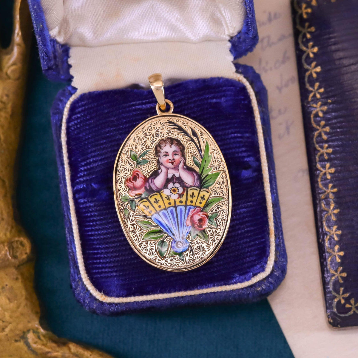 Antique Enamel Woman Pendant of 14k Gold