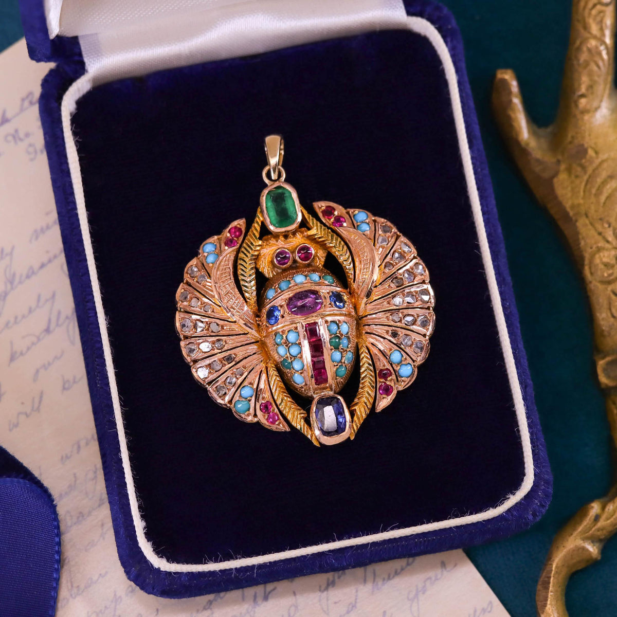 Vintage Gemstone Winged Scarab Pendant of 14k Gold