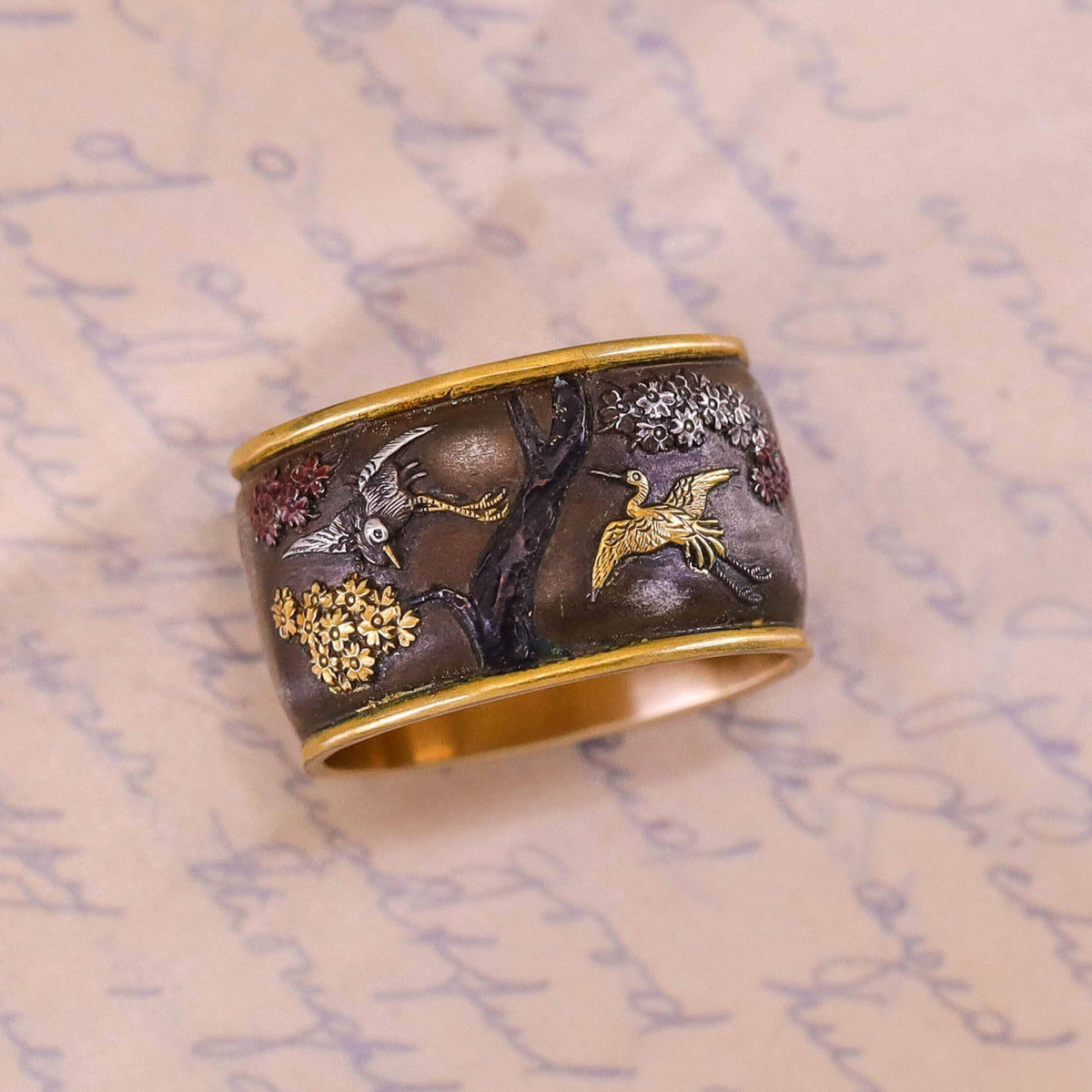 Antique Japanese Meiji Shibuichi Band Ring of 14k Gold