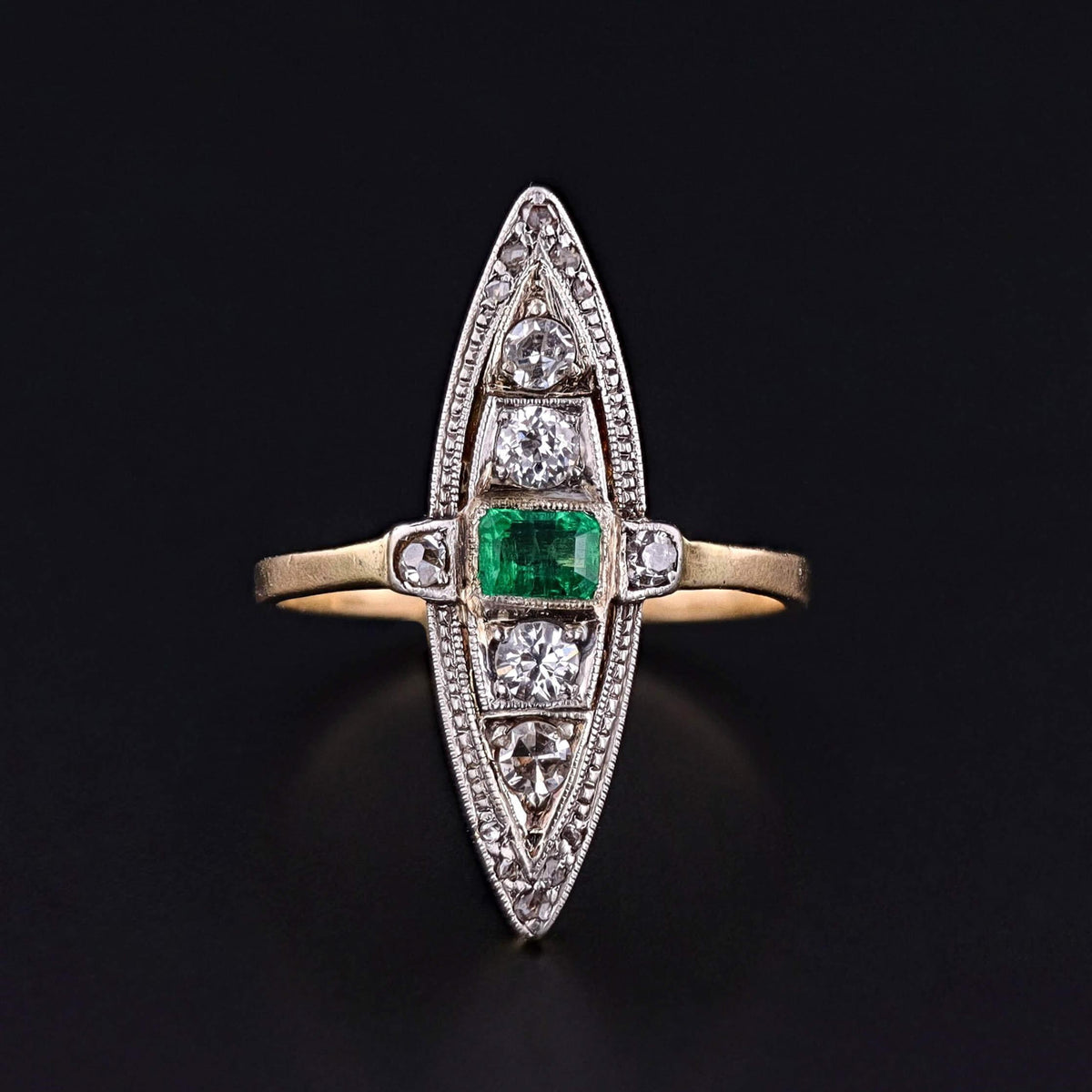 Edwardian Revival Emerald and Diamond Navette Ring of 18k Gold