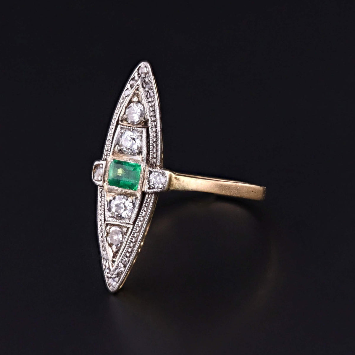 Edwardian Revival Emerald and Diamond Navette Ring of 18k Gold