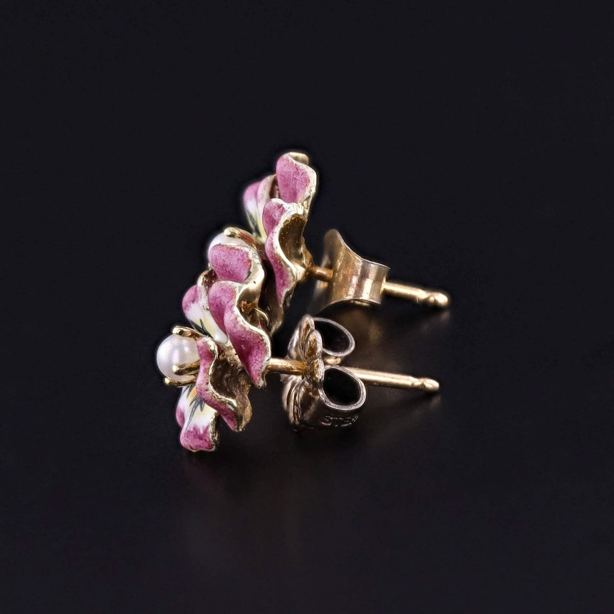 Vintage Pink Enamel Pansy Stud Earrings of 14k Gold