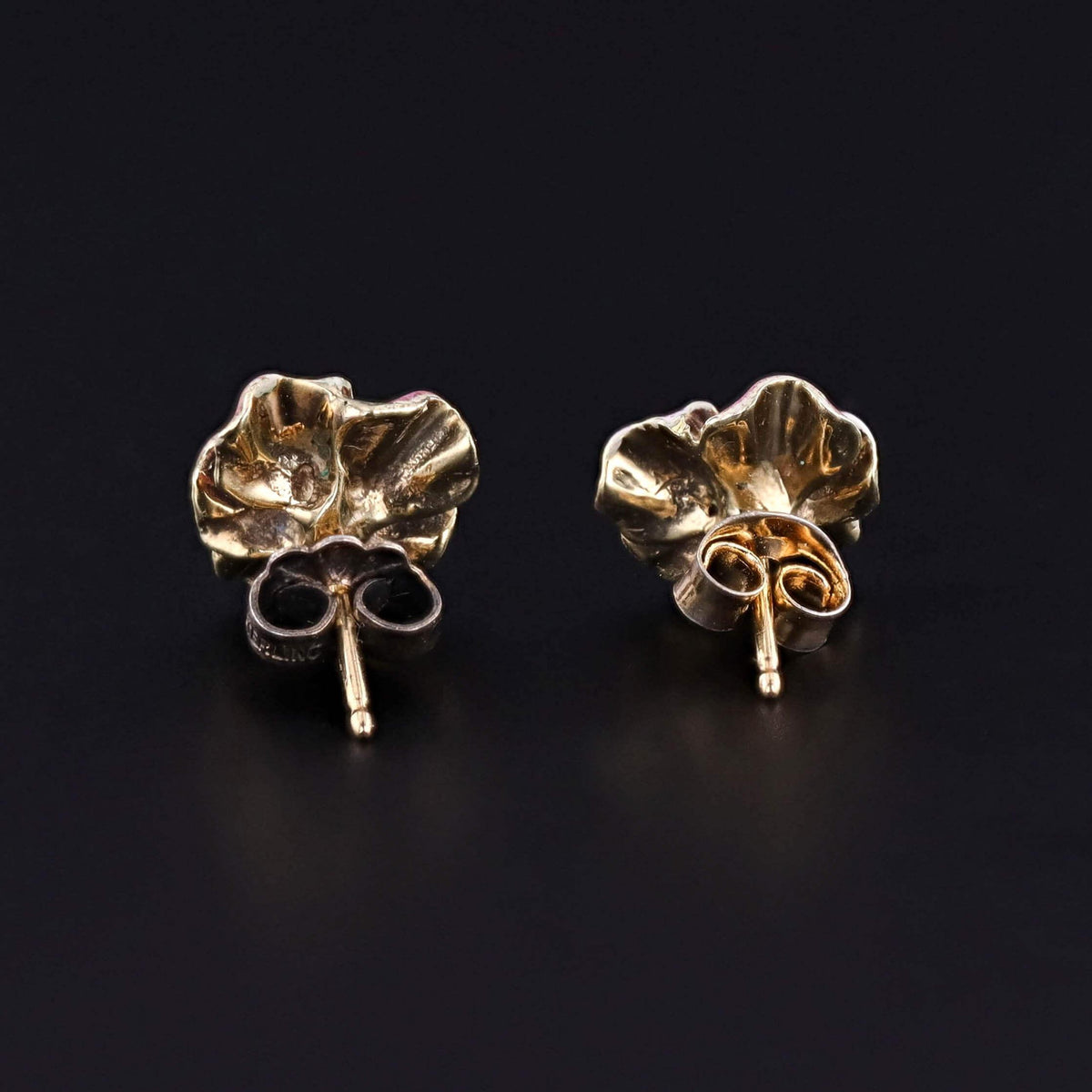 Vintage Pink Enamel Pansy Stud Earrings of 14k Gold