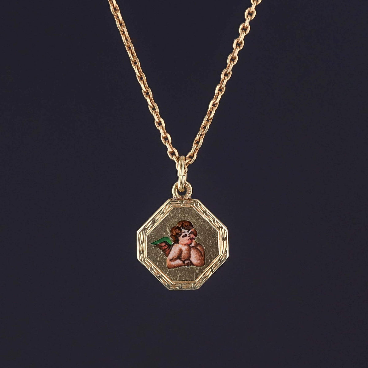 Antique Enamel Cherub Choker Necklace of 14k Gold