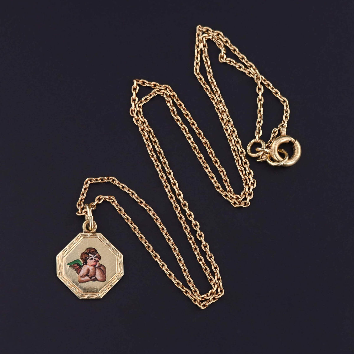 Antique Enamel Cherub Choker Necklace of 14k Gold