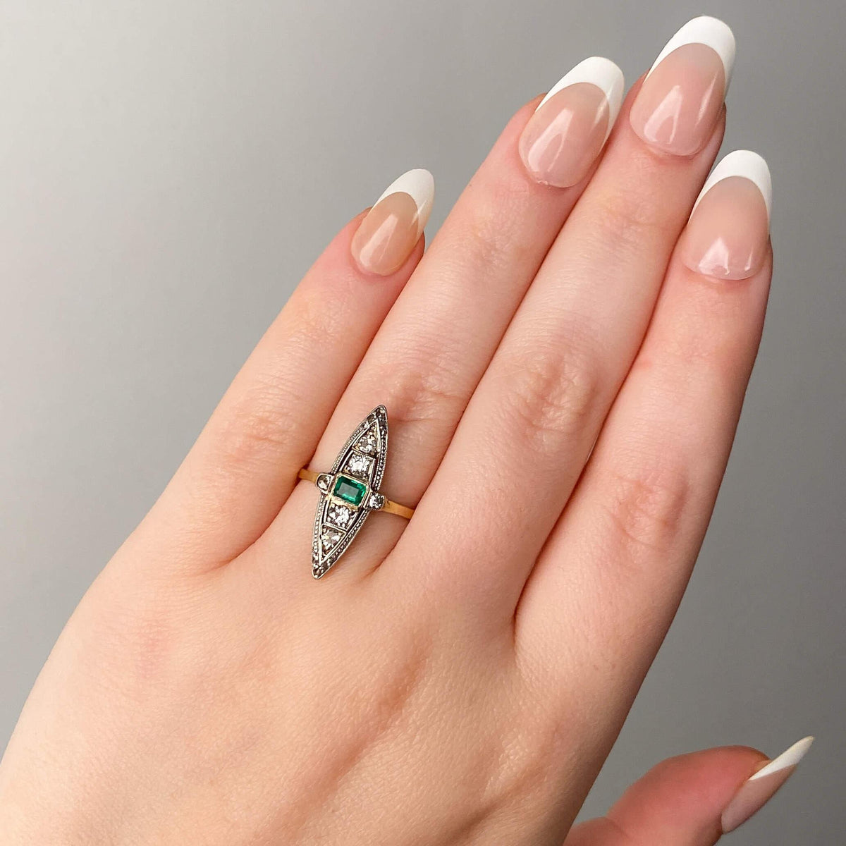 Edwardian Revival Emerald and Diamond Navette Ring of 18k Gold