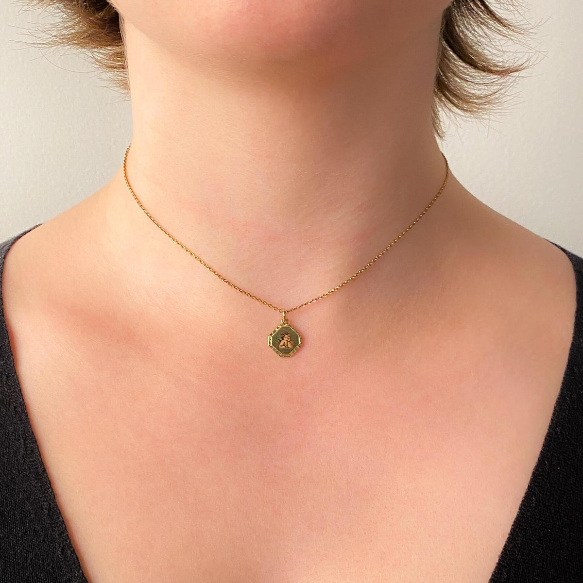 Antique Enamel Cherub Choker Necklace of 14k Gold