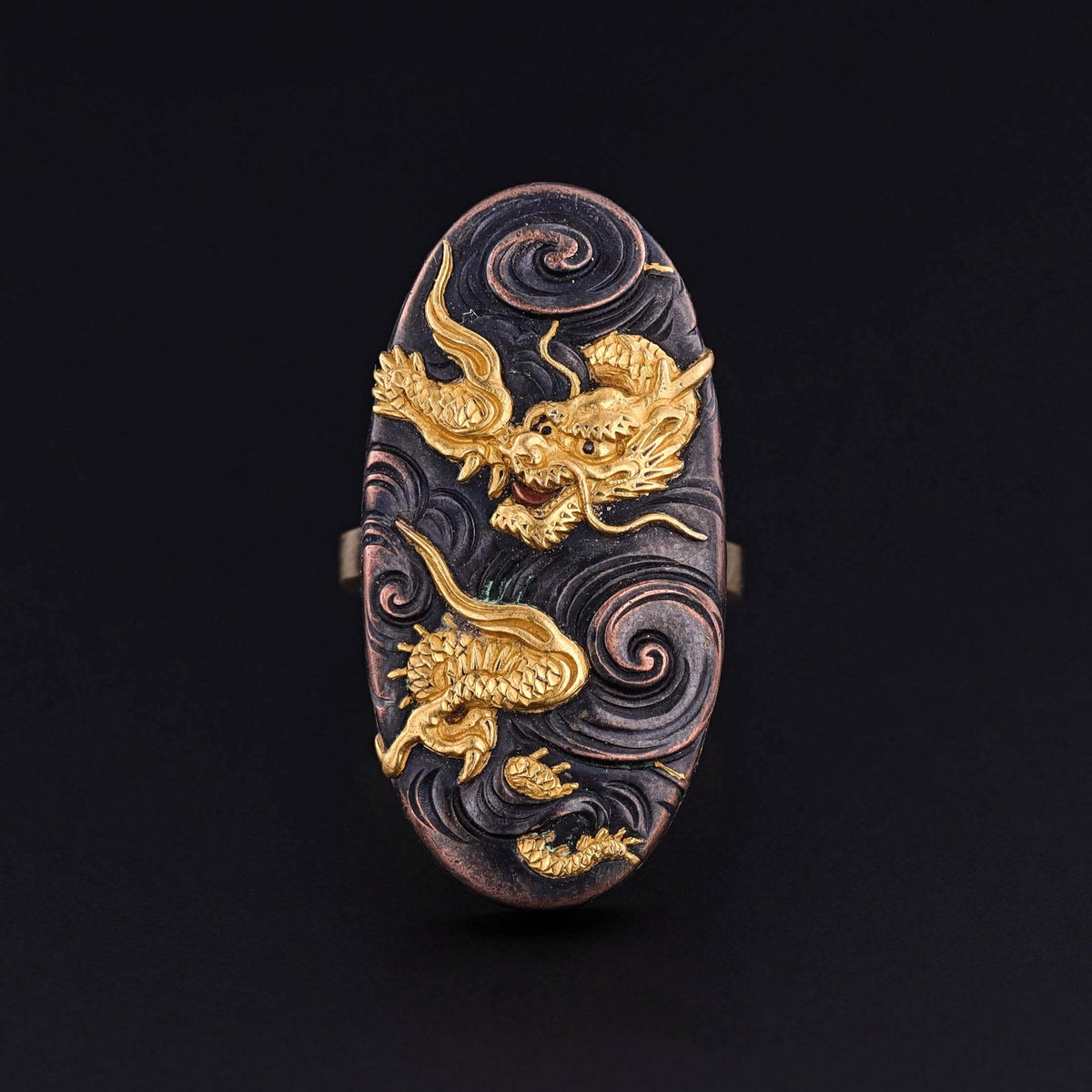 Antique Shakudo Dragon Ring of 10k and 14k Gold
