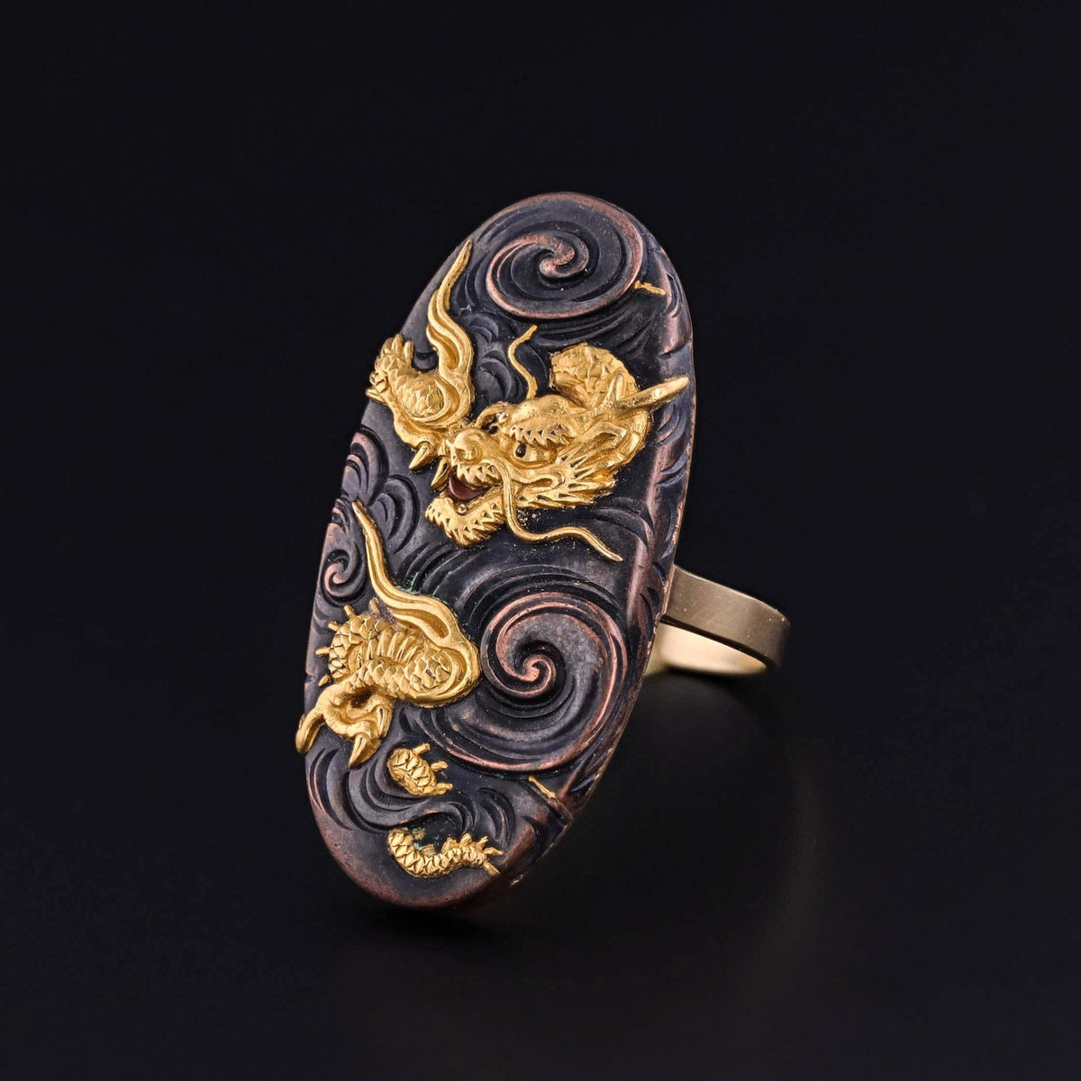 Antique Shakudo Dragon Ring of 10k and 14k Gold