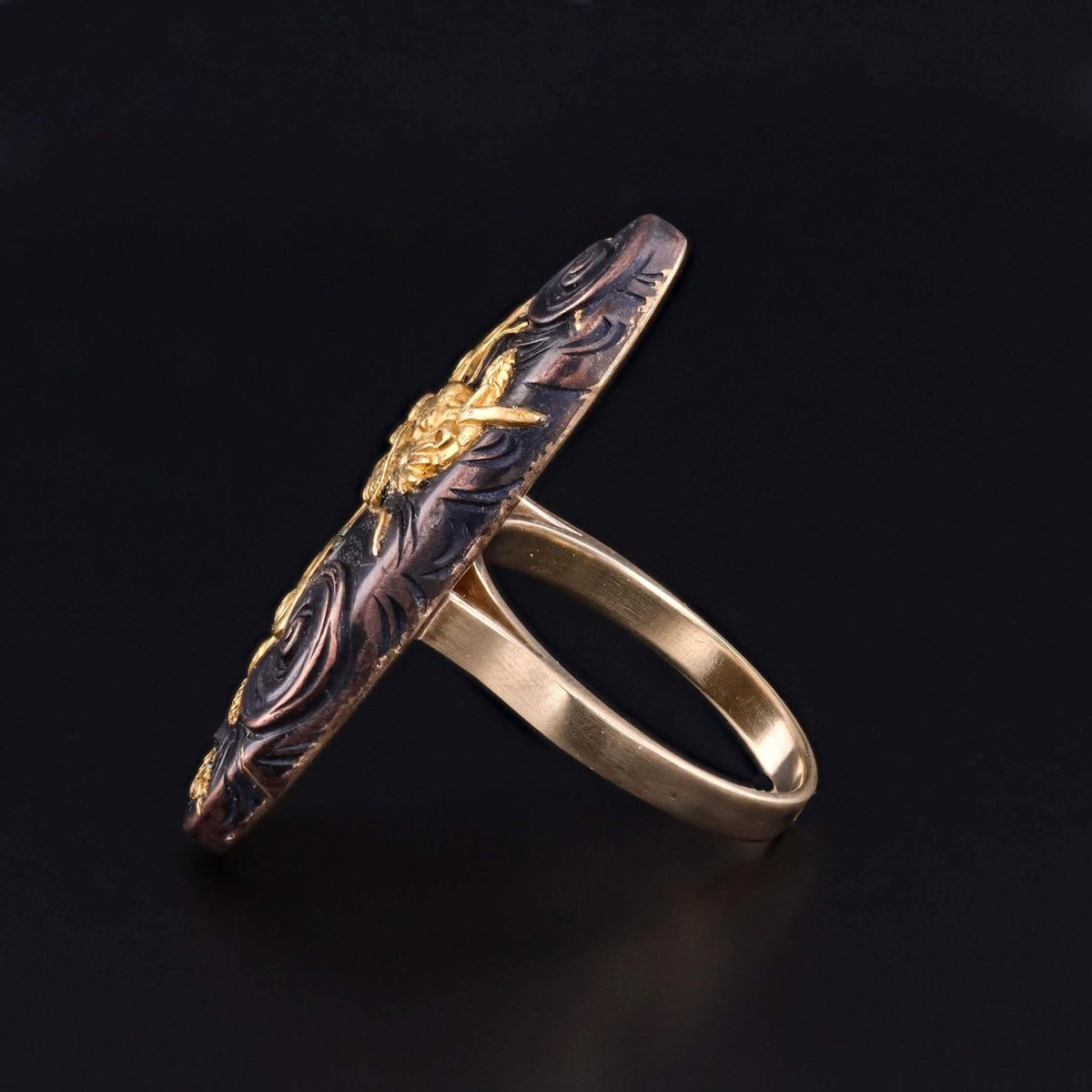 Antique Shakudo Dragon Ring of 10k and 14k Gold