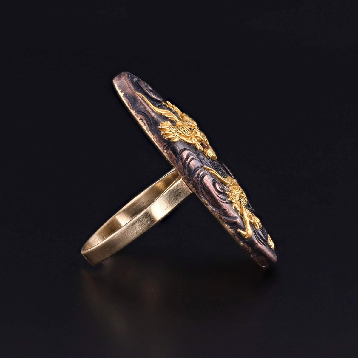 Antique Shakudo Dragon Ring of 10k and 14k Gold