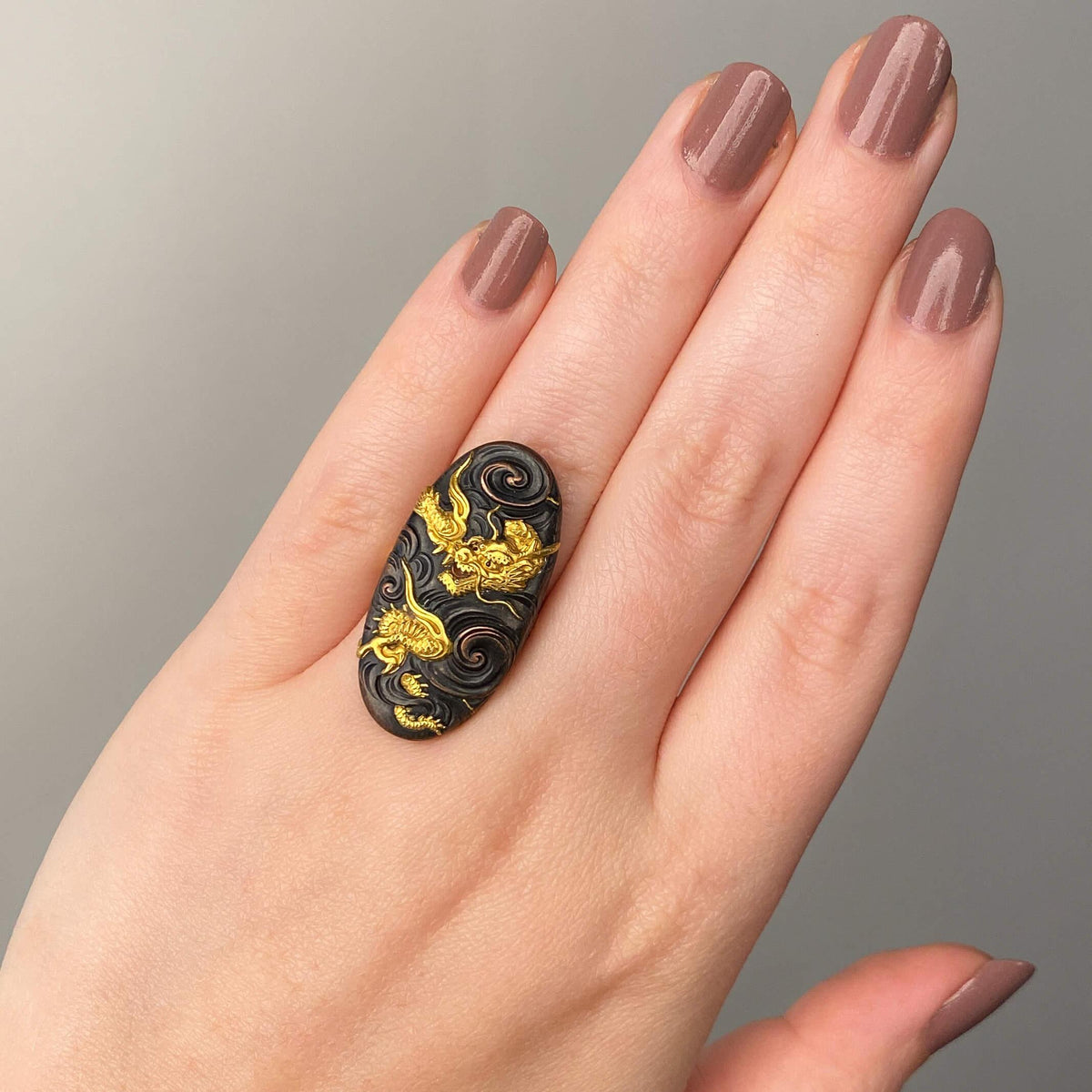 Antique Shakudo Dragon Ring of 10k and 14k Gold
