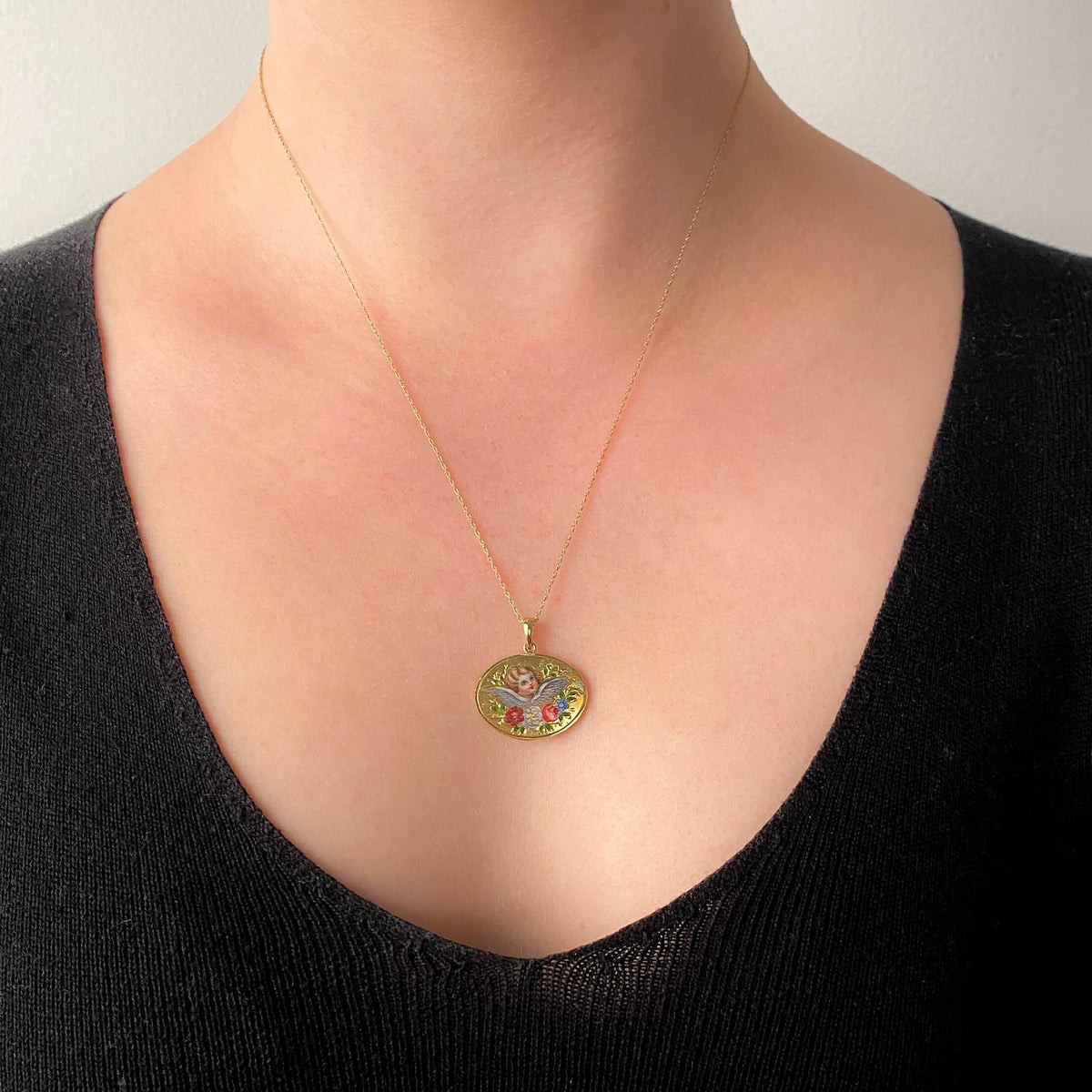 Victorian Enamel Cherub Pendant of 14k of 18k Gold