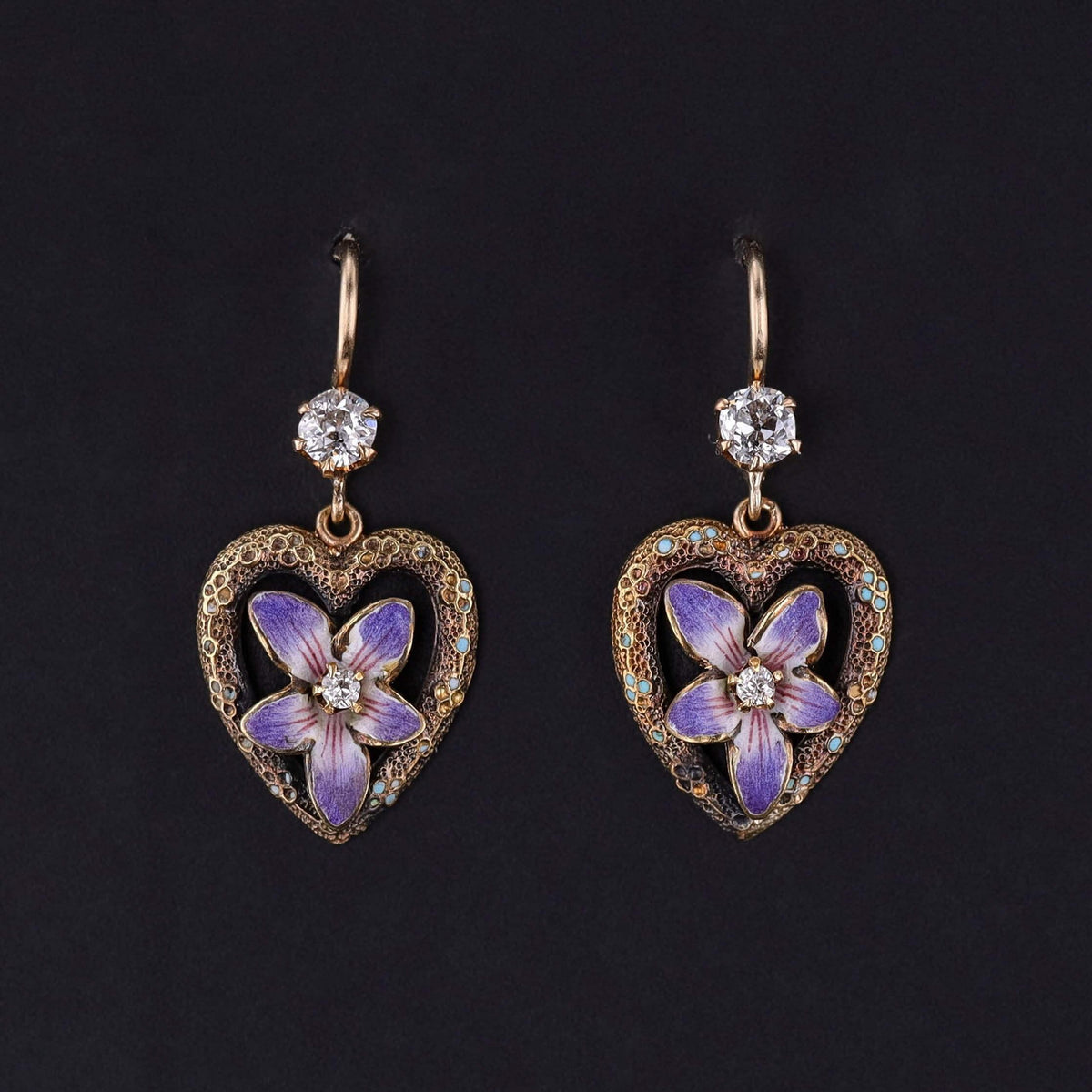 Antique Violet Heart Earrings of 14k Gold