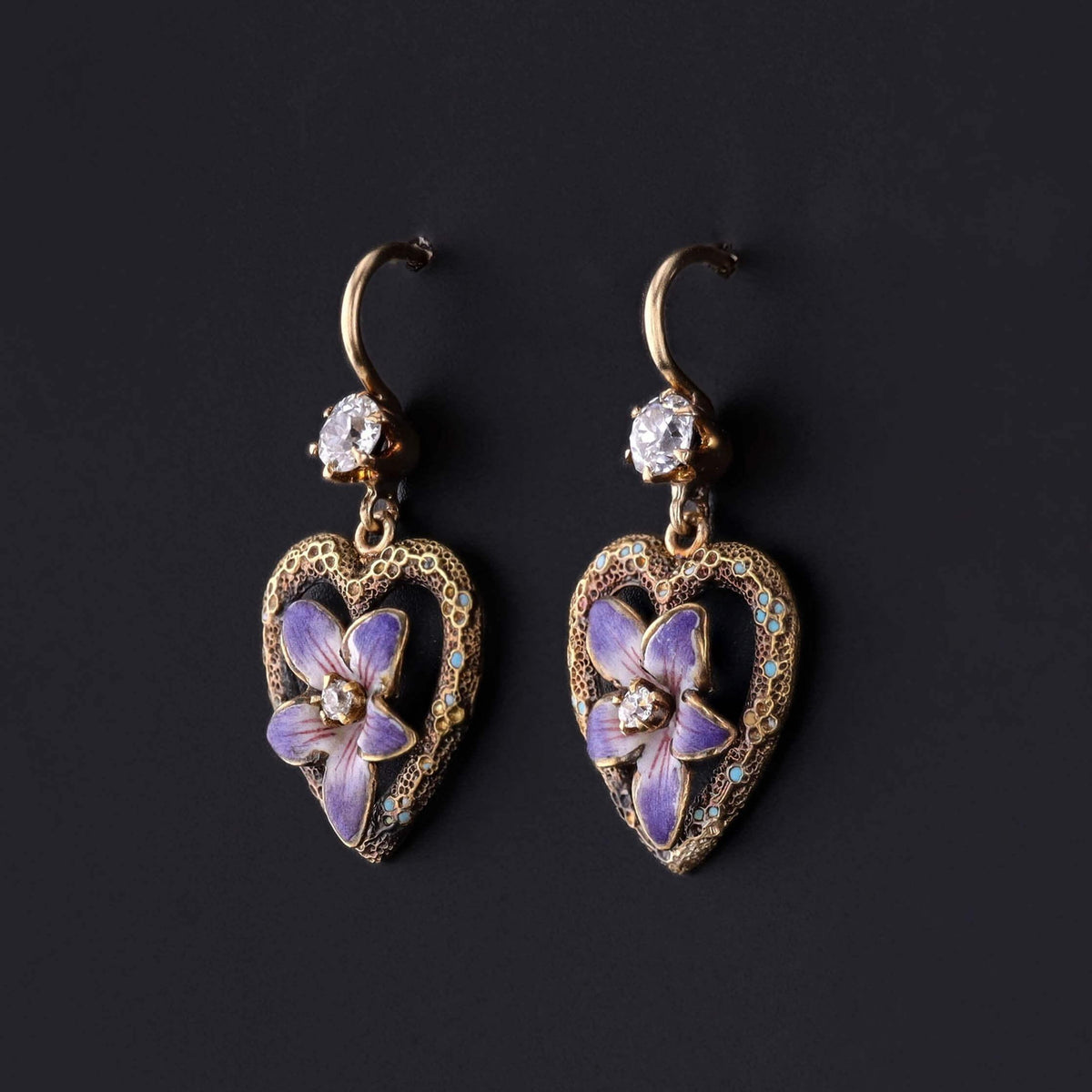 Antique Violet Heart Earrings of 14k Gold