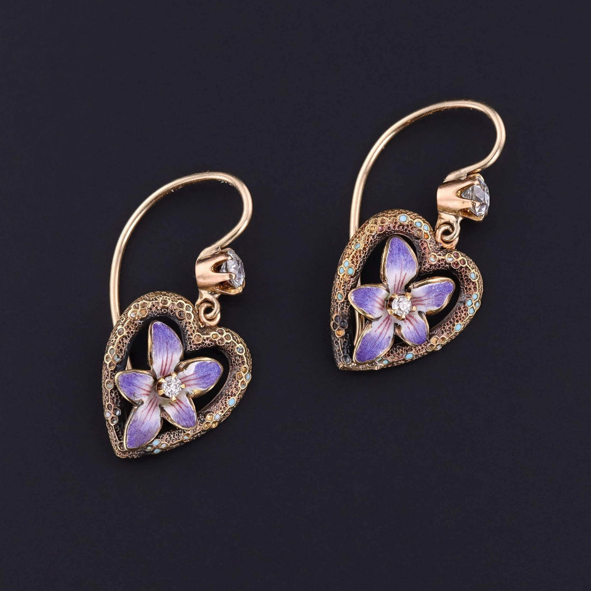 Antique Violet Heart Earrings of 14k Gold