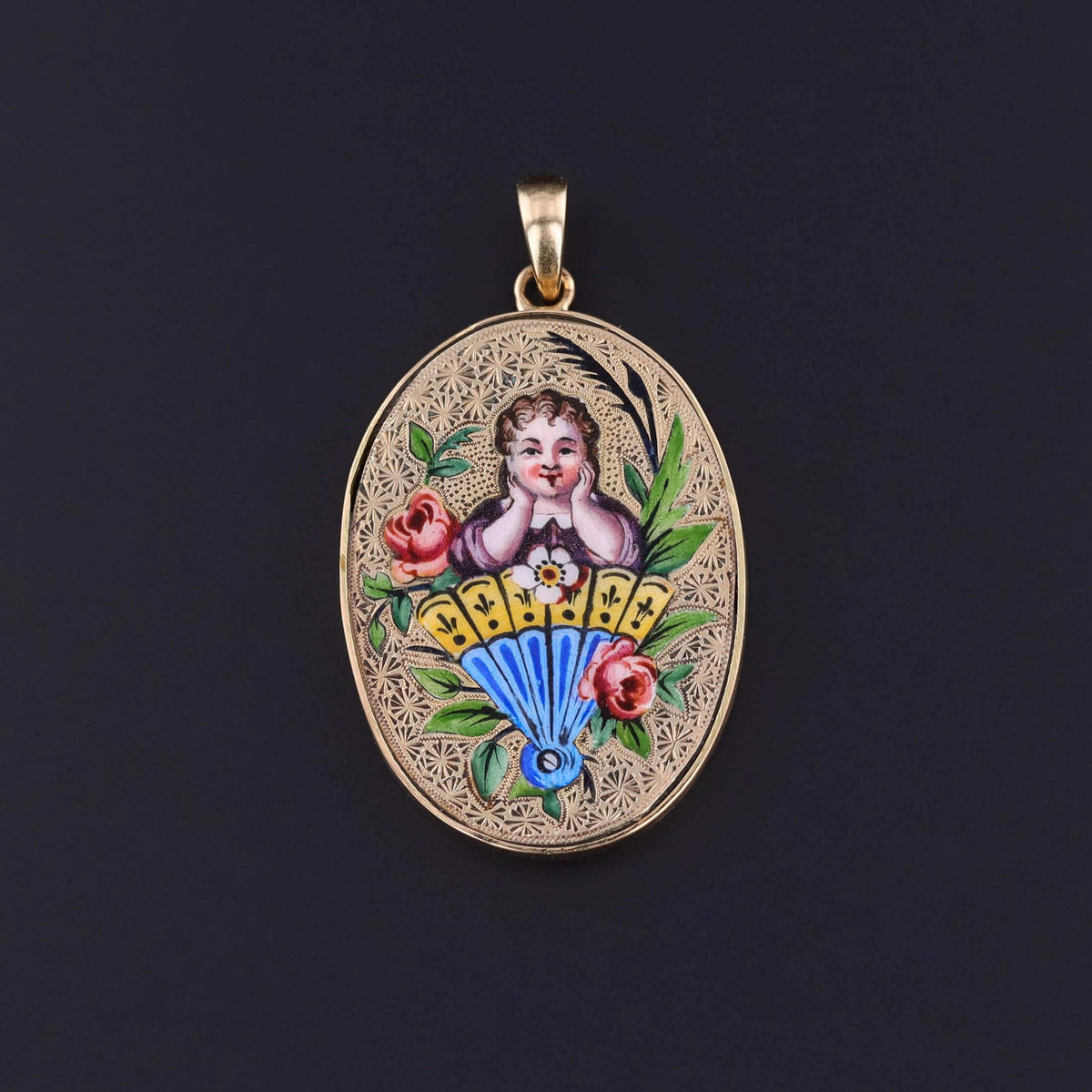 Antique Enamel Woman Pendant of 14k Gold