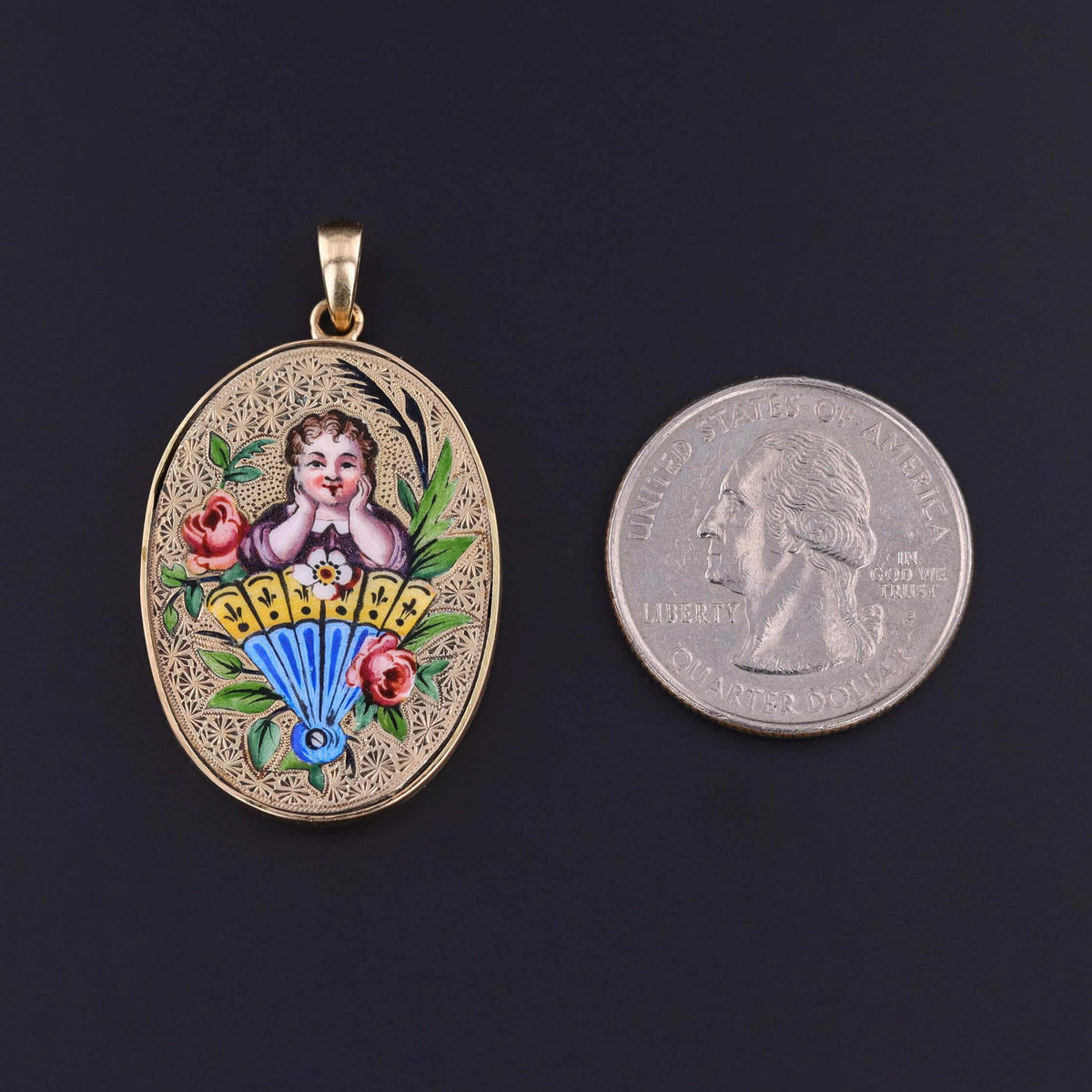 Antique Enamel Woman Pendant of 14k Gold
