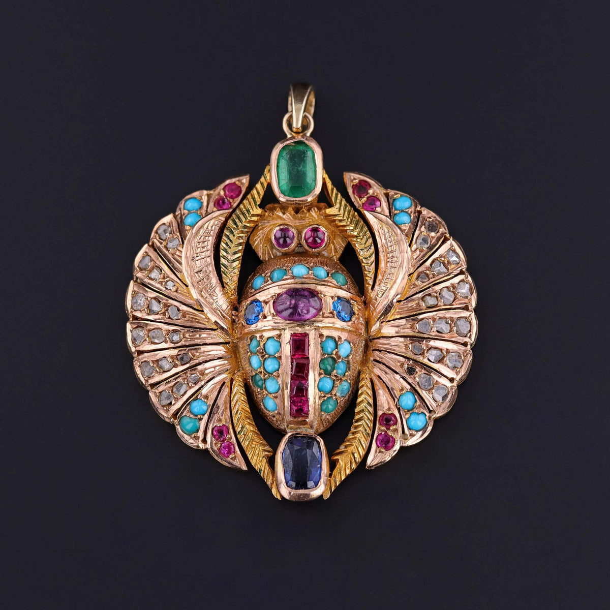 Vintage Gemstone Winged Scarab Pendant of 14k Gold