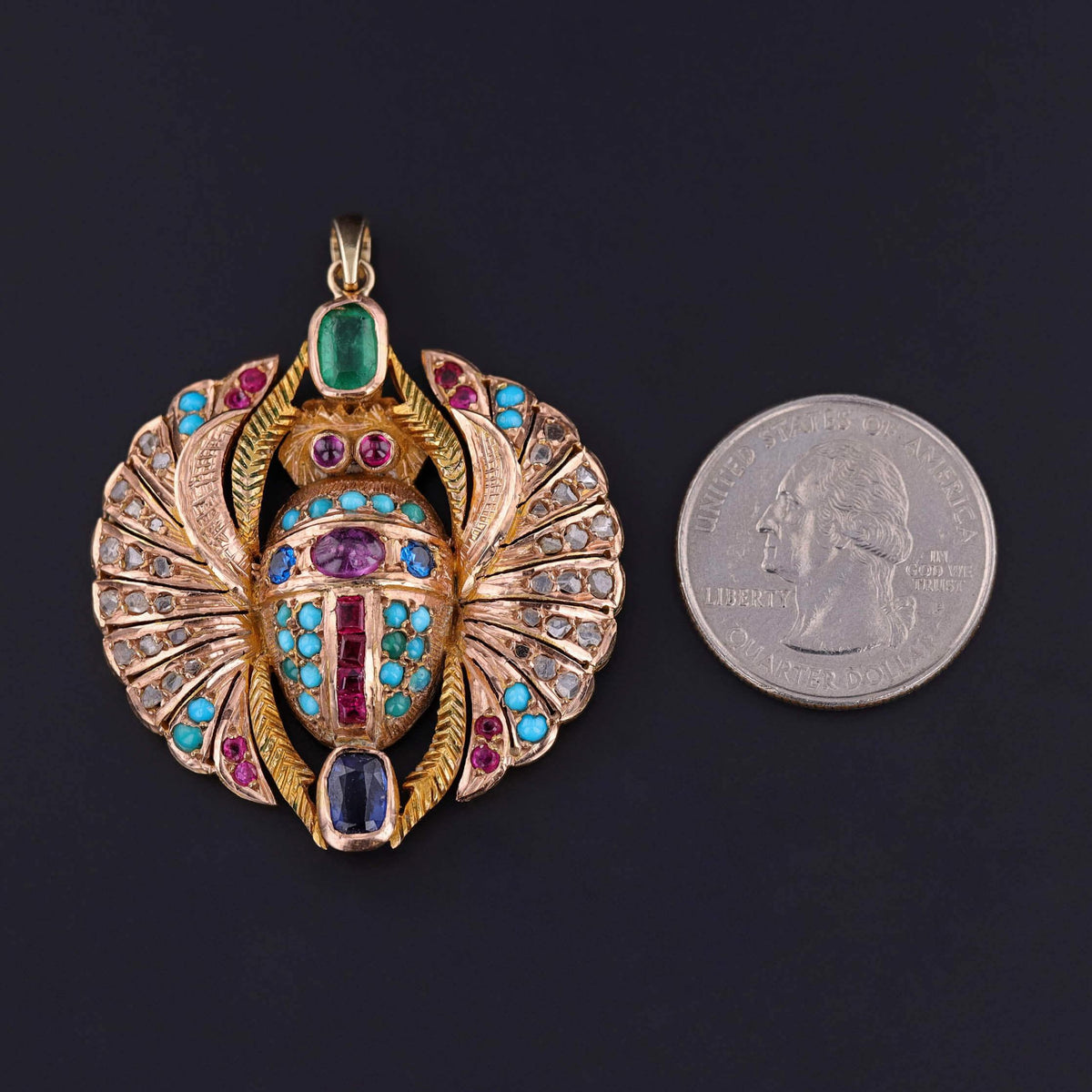 Vintage Gemstone Winged Scarab Pendant of 14k Gold